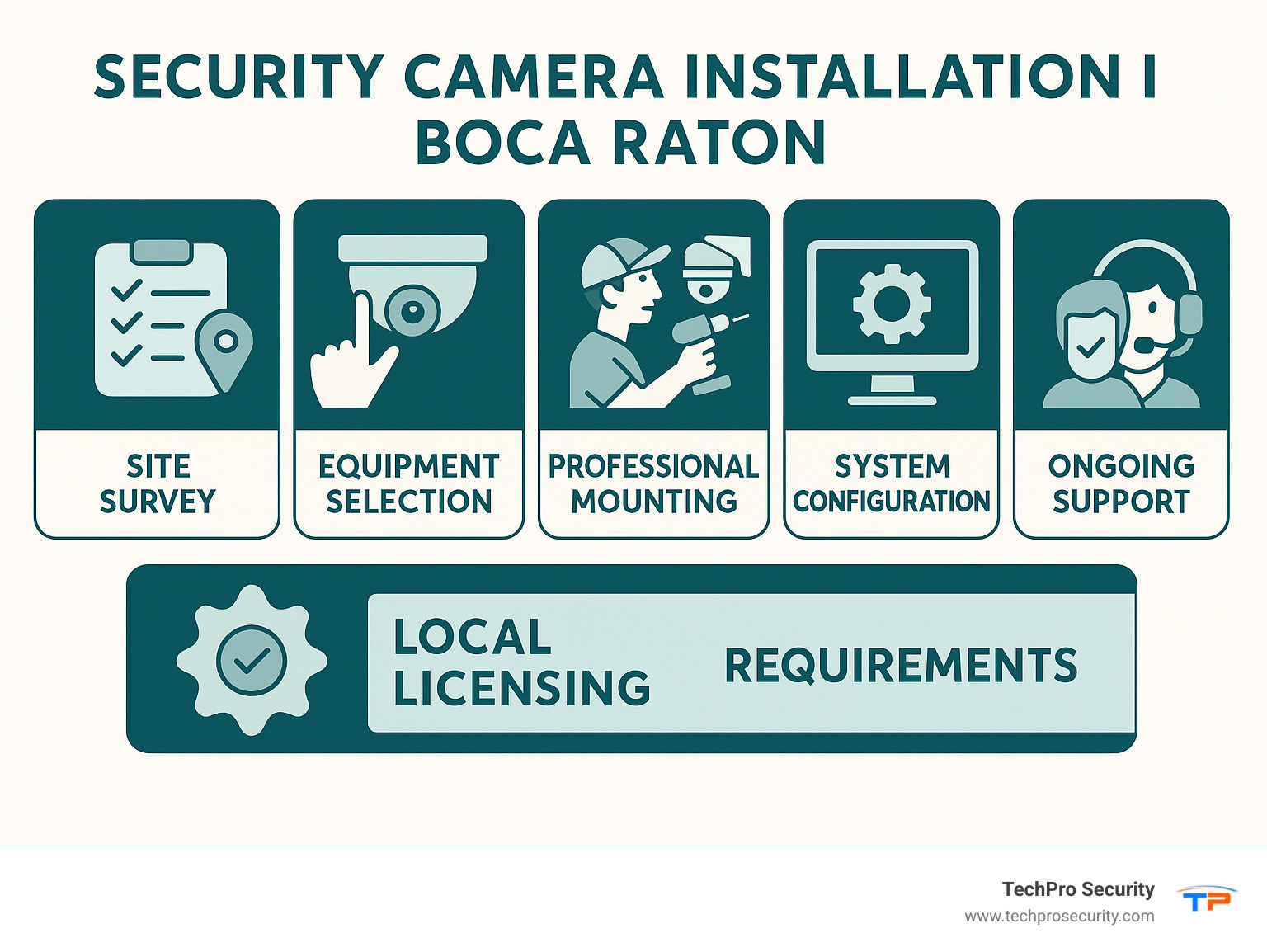 Comprehensive guide showing security camera installation process in Boca Raton including site survey, equipment selection, professional mounting, system configuration, mobile app setup, and ongoing support services with local licensing requirements - security camera installation Boca Raton infographic 