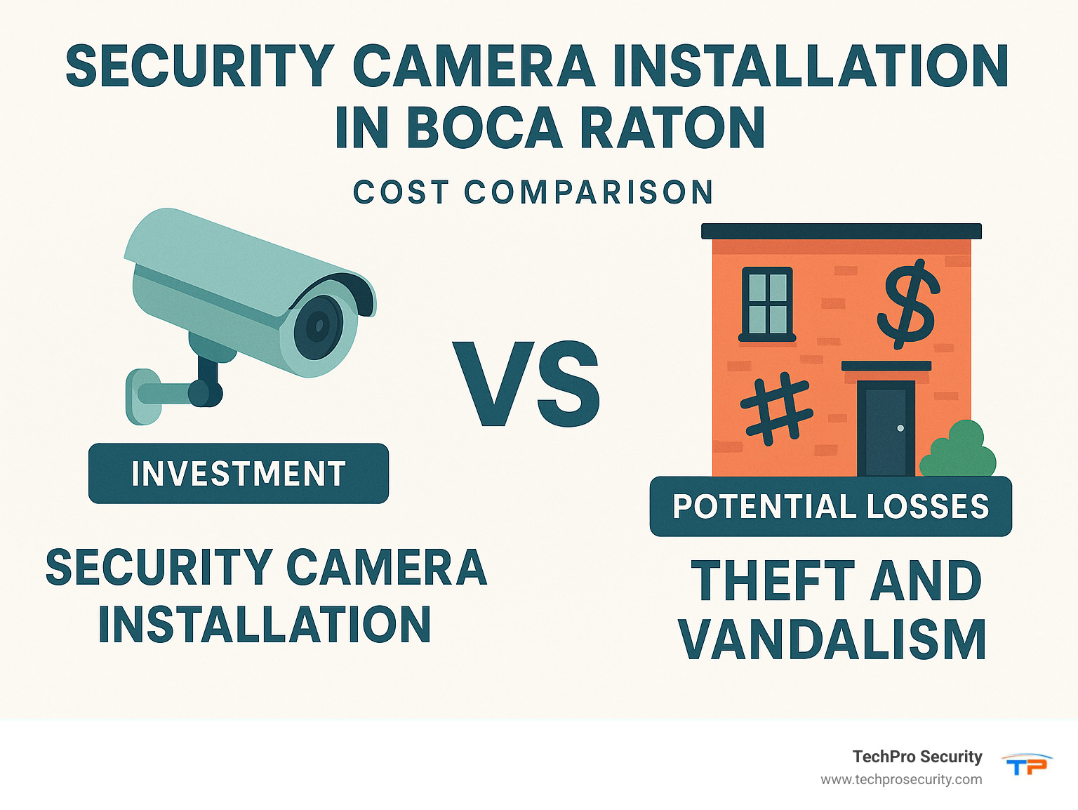 Cost comparison infographic showing security camera installation investment versus potential losses from theft and vandalism in Boca Raton - security camera installation Boca Raton infographic 