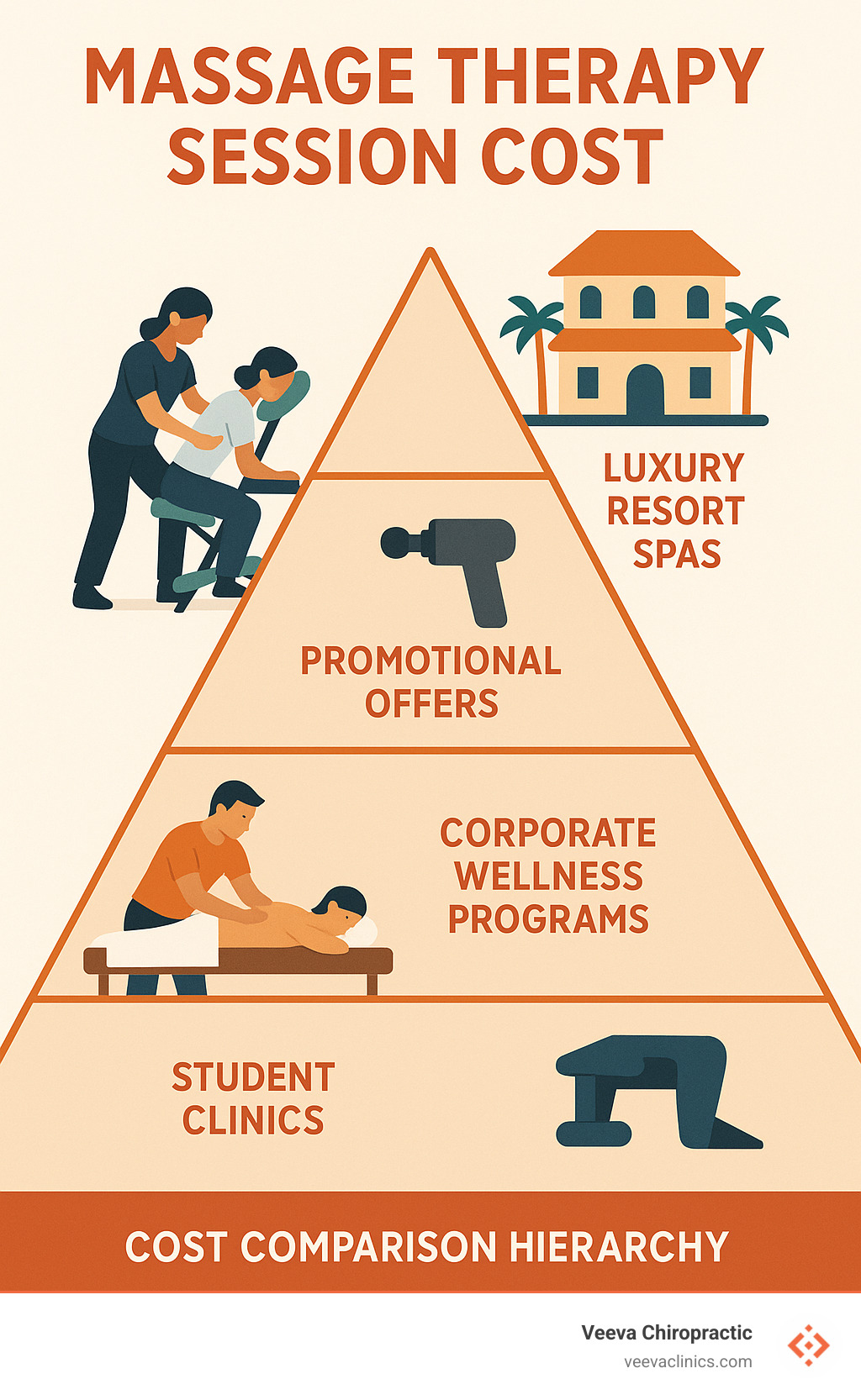 Cost comparison hierarchy from budget student clinics to luxury resort spas - Massage therapy session cost infographic 
