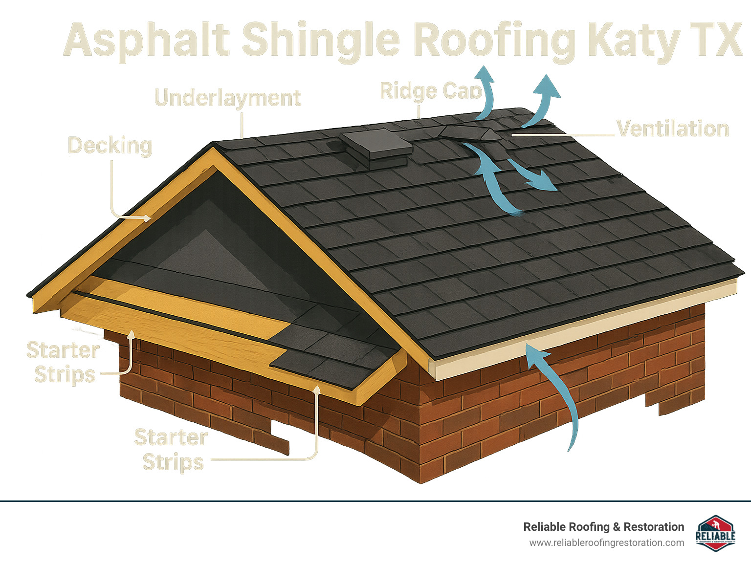 Shingle All the Way: Asphalt Roofing Tips for Katy TX Residents 1 Detailed infographic showing asphalt shingle roof components including decking, underlayment, starter strips, field shingles, ridge caps, flashing, and ventilation systems with arrows indicating proper airflow patterns - asphalt shingle roofing katy tx infographic