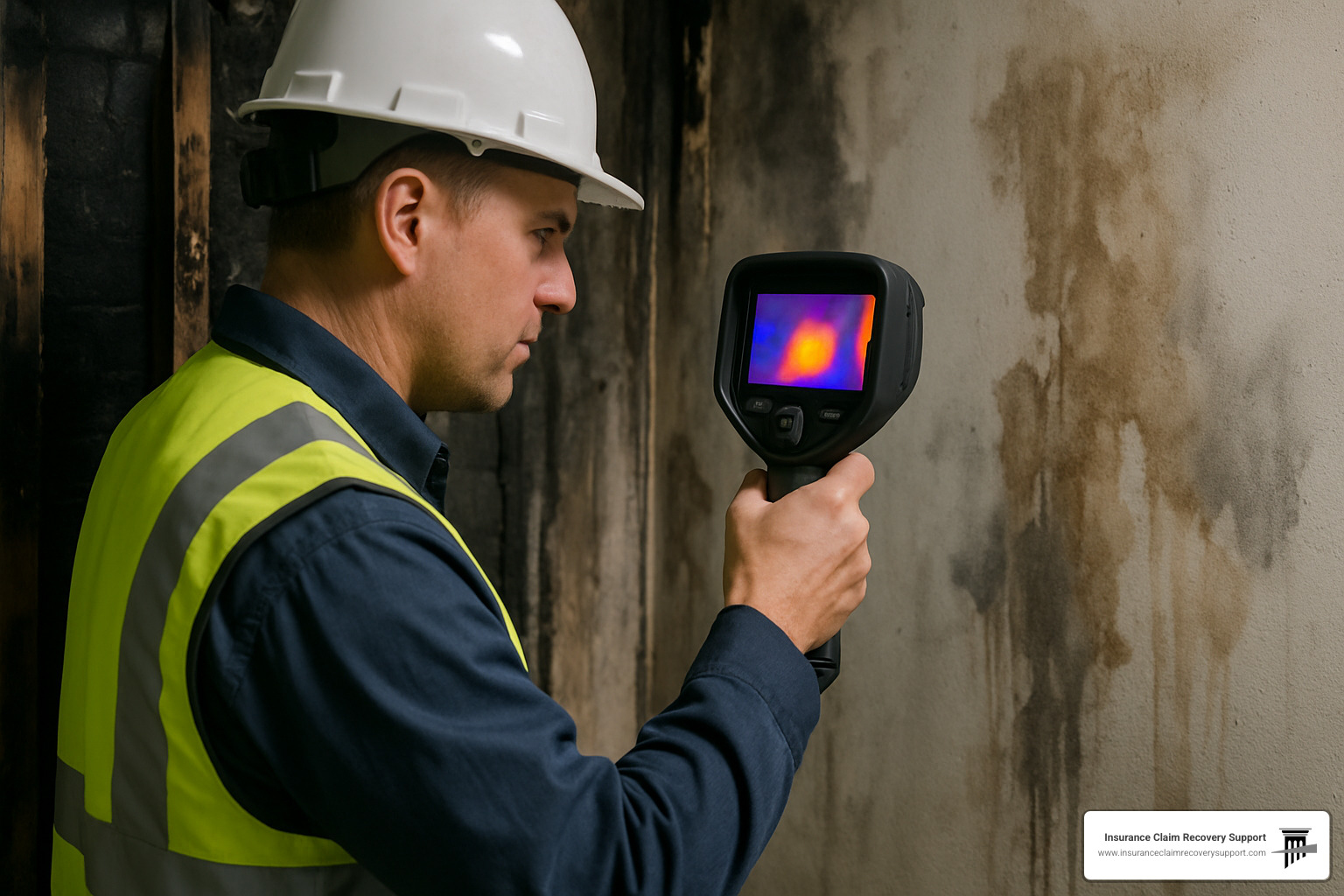 Thermal imaging camera detecting hidden hotspots and moisture damage behind walls after fire suppression efforts - fire property damage attorney