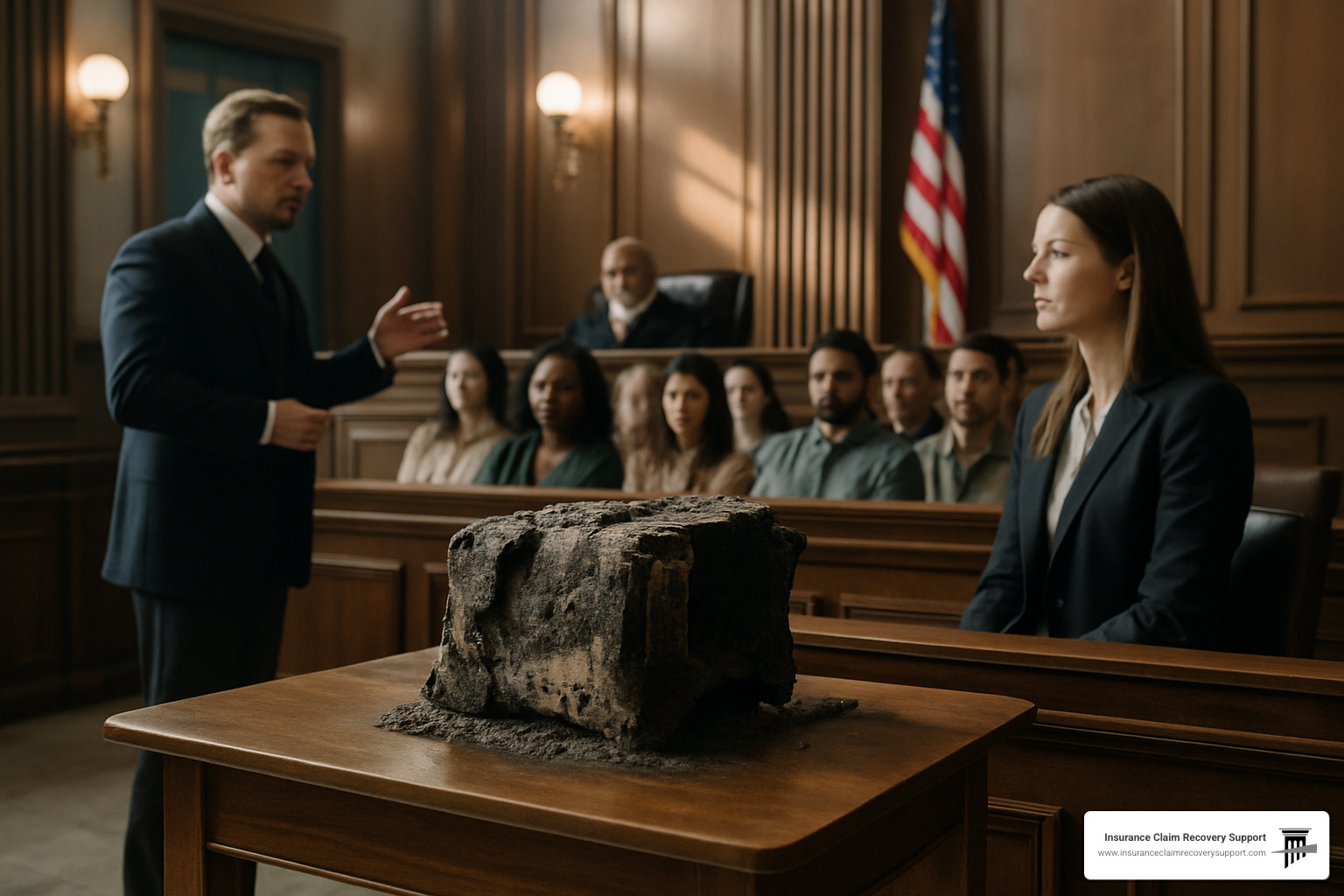 Courtroom scene with burned evidence exhibit displayed for jury during fire damage litigation - fire property damage attorney