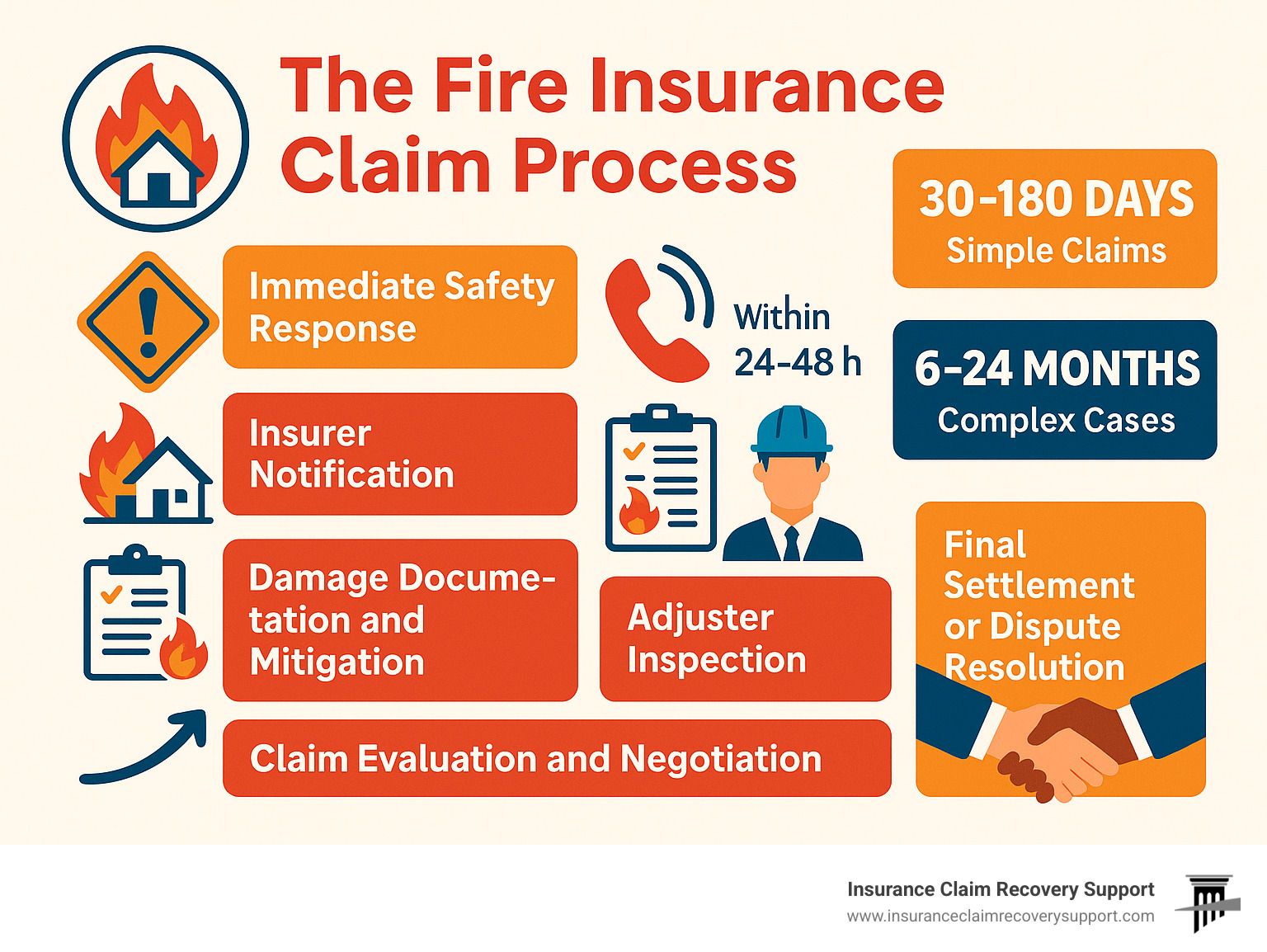 Comprehensive infographic showing the complete fire insurance claim process from initial fire damage through final settlement, including key milestones: immediate safety response, insurer notification within 24-48 hours, damage documentation and mitigation, adjuster inspection, claim evaluation and negotiation, and final settlement or dispute resolution, with typical timeframes of 30-180 days for simple claims and 6-24 months for complex cases - fire property damage attorney infographic 