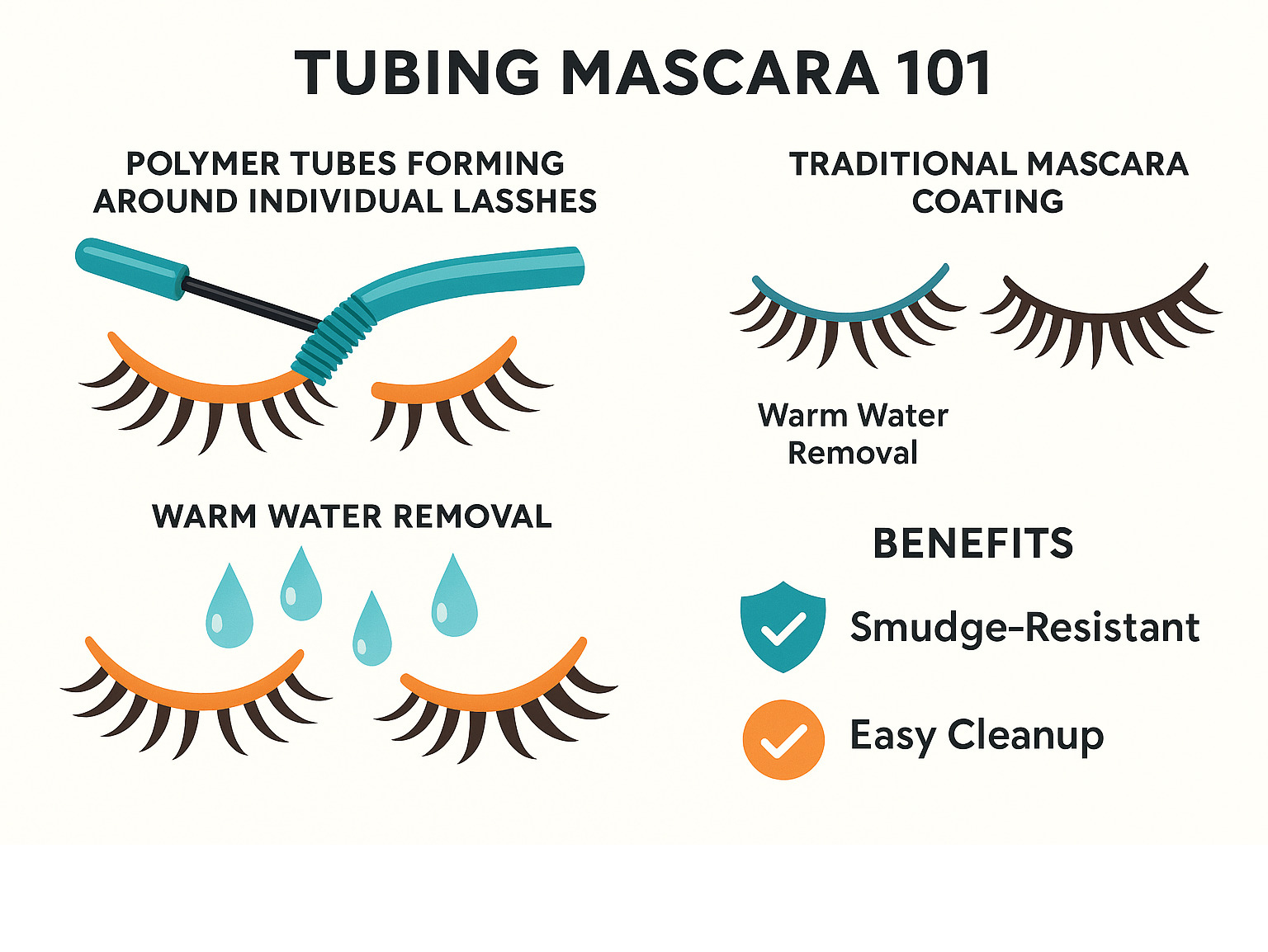 Detailed infographic showing the tubing mascara process: polymer tubes forming around individual lashes, comparison with traditional mascara coating, warm water removal process, and benefits like smudge-resistance and easy cleanup -  tubing mascara infographic 