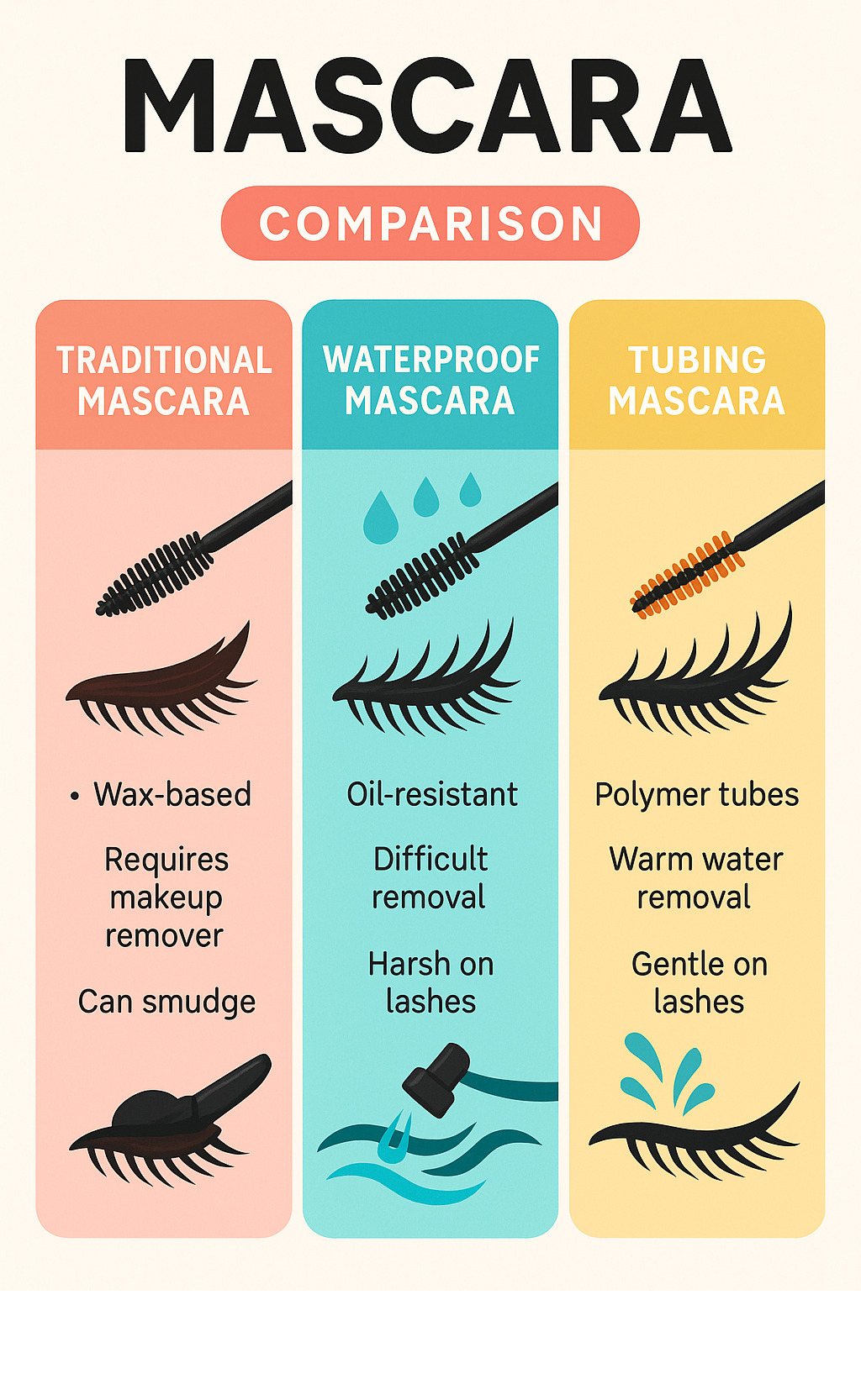 Comparison infographic showing three columns: Traditional Mascara (wax-based, requires makeup remover, can smudge), Waterproof Mascara (oil-resistant, difficult removal, harsh on lashes), and Tubing Mascara (polymer tubes, warm water removal, gentle on lashes) -  tubing mascara infographic 