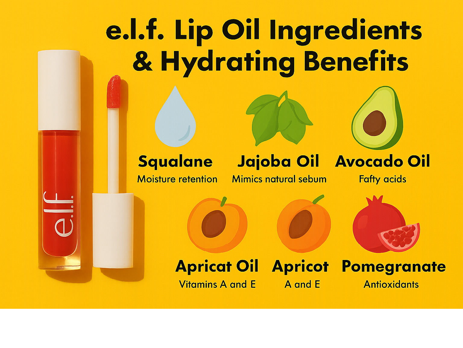 Detailed breakdown of e.l.f. lip oil ingredients and their hydrating benefits, showing squalane for moisture retention, jojoba oil for natural sebum mimicking, avocado oil for fatty acids, apricot oil for vitamins A and E, and pomegranate oil for antioxidants -  elf lip oil infographic 