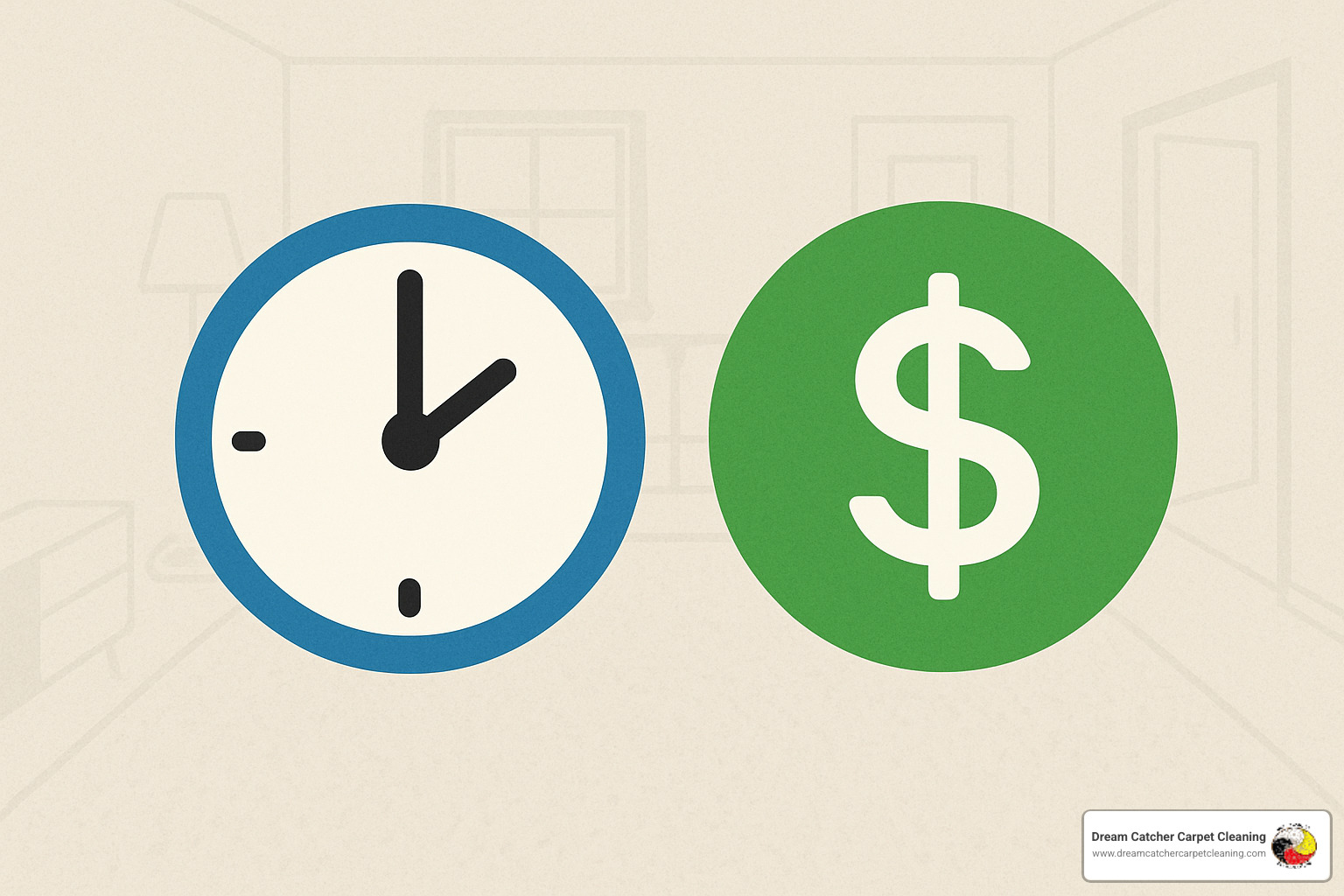 clock and dollar sign icons showing carpet cleaning timeline and cost breakdown - who cleans carpets near me