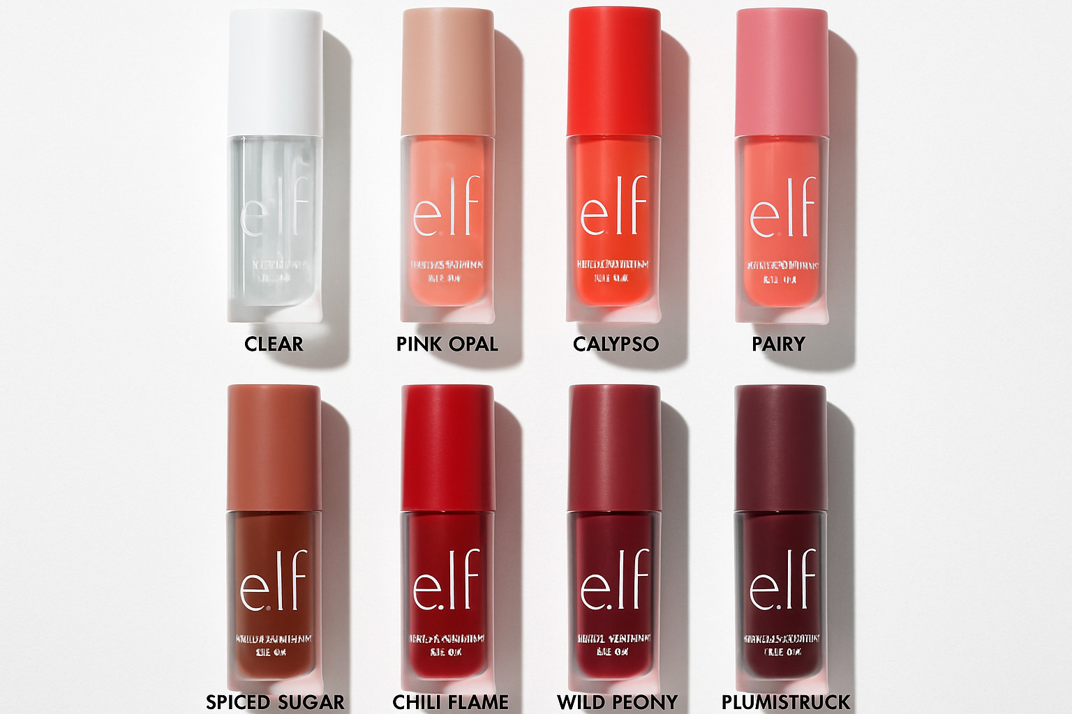 Various shades of elf lip oil displayed in a grid showing the range from clear to deep tones -  elf lip oil
