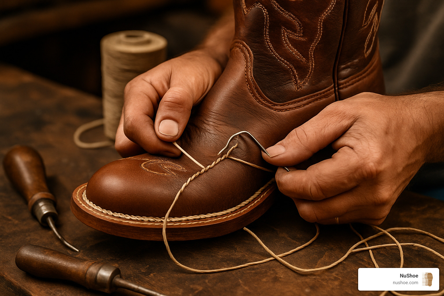 Hand-stitching process showing detailed welt attachment during cowboy boot sole replacement - cowboy boot sole replacement