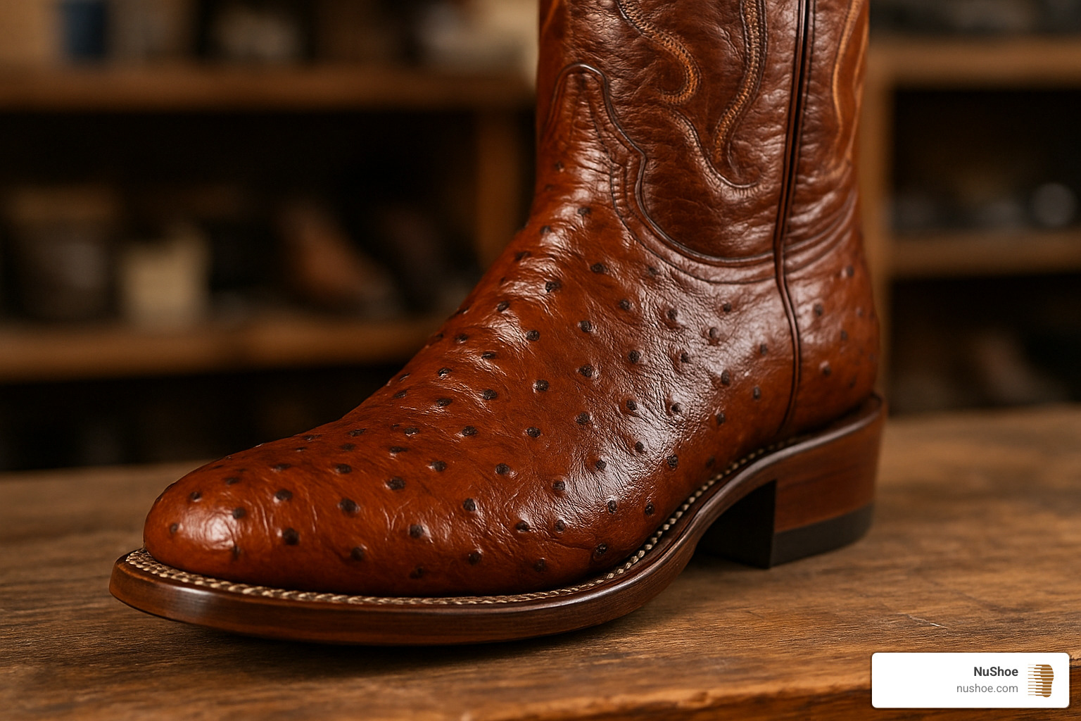 Properly conditioned ostrich boot showing restored texture and color after professional care - cowboy boot sole replacement