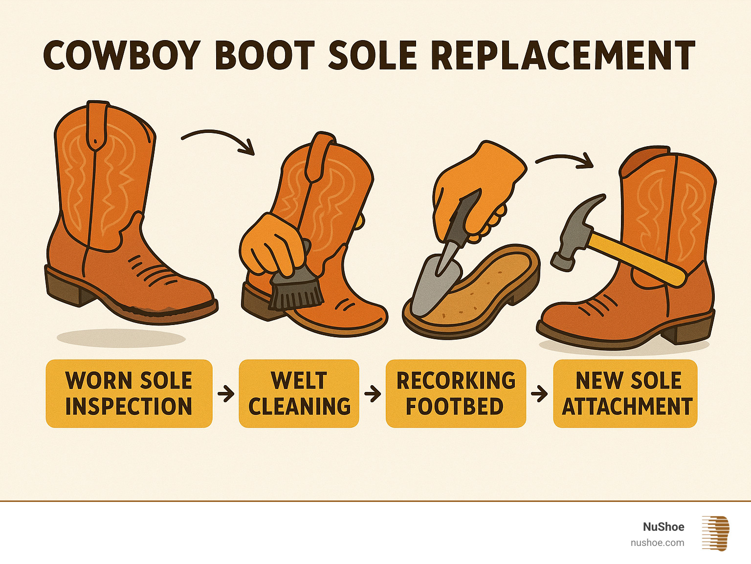 Infographic showing the complete cowboy boot sole replacement process from worn sole inspection through professional resoling steps including welt cleaning, recorking footbed, new sole attachment, and final finishing - cowboy boot sole replacement infographic 