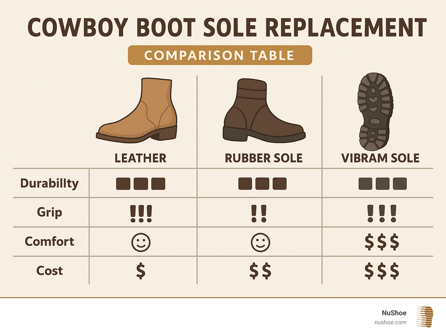 Comparison table showing leather vs rubber vs Vibram sole characteristics including durability, grip, comfort, and cost factors - cowboy boot sole replacement infographic 