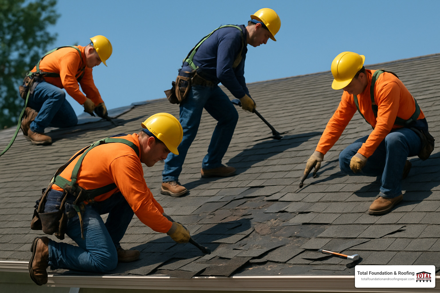Professional roofing crew carefully repairing damaged shingles on a residential home - roofer near me