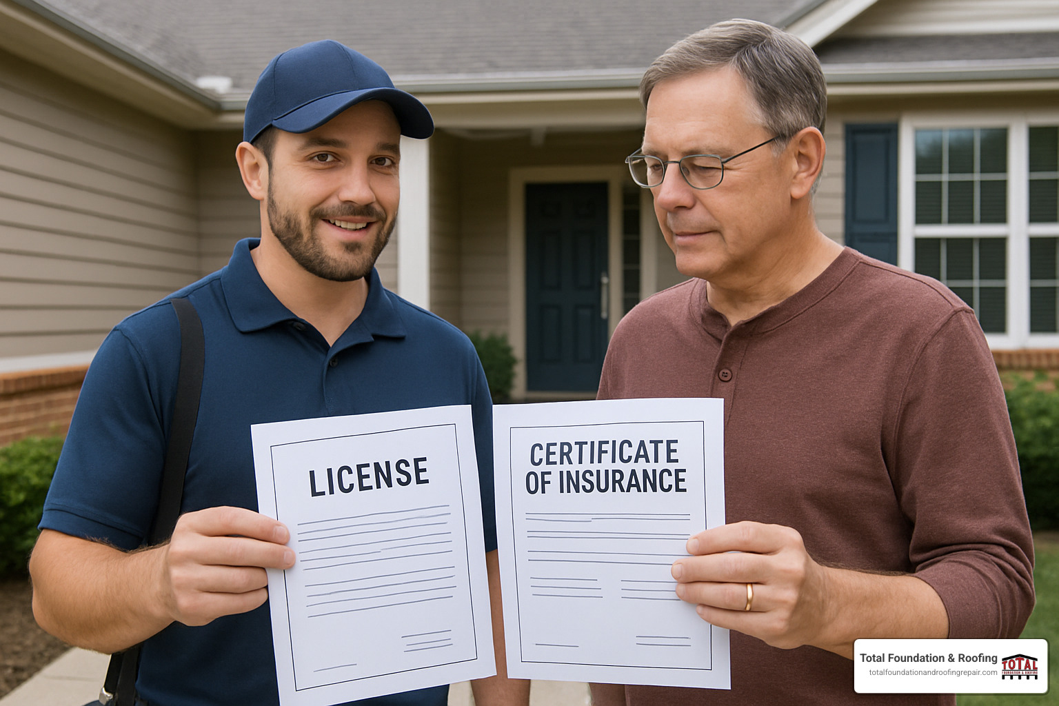 Professional contractor displaying proper licensing documents and insurance certificates to homeowner - roofer near me