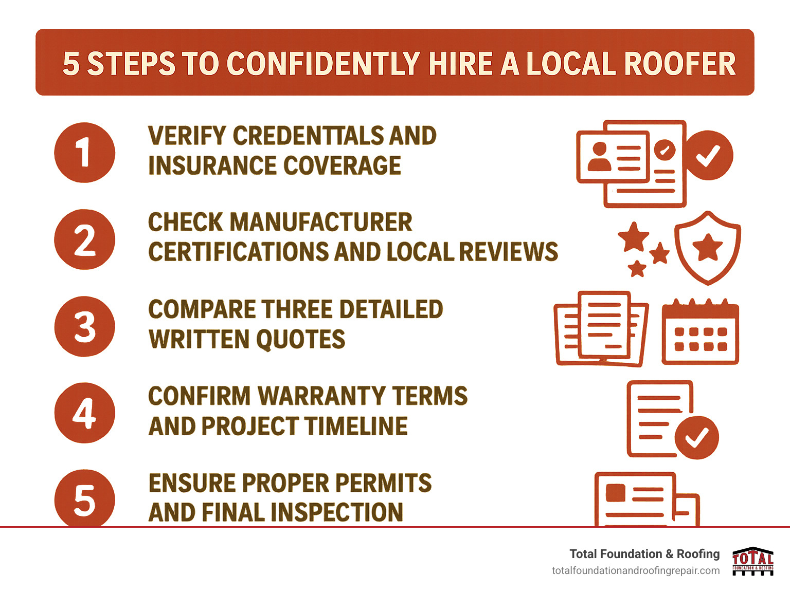 Infographic showing the 5-step process to confidently hire a local roofer: Step 1 - Verify credentials and insurance coverage, Step 2 - Check manufacturer certifications and local reviews, Step 3 - Compare three detailed written quotes, Step 4 - Confirm warranty terms and project timeline, Step 5 - Ensure proper permits and final inspection - roofer near me infographic 