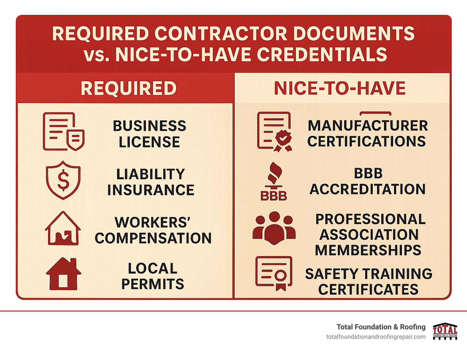 Comparison table showing required contractor documents versus nice-to-have credentials: Required - Business license, liability insurance, workers compensation, local permits; Nice-to-have - Manufacturer certifications, BBB accreditation, professional association memberships, safety training certificates - roofer near me infographic 