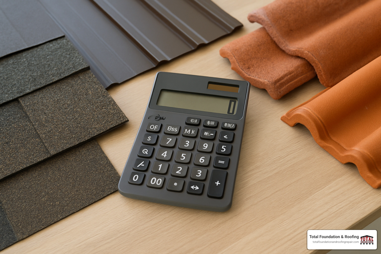 Calculator placed next to various roofing material samples showing cost comparison options - roofer near me