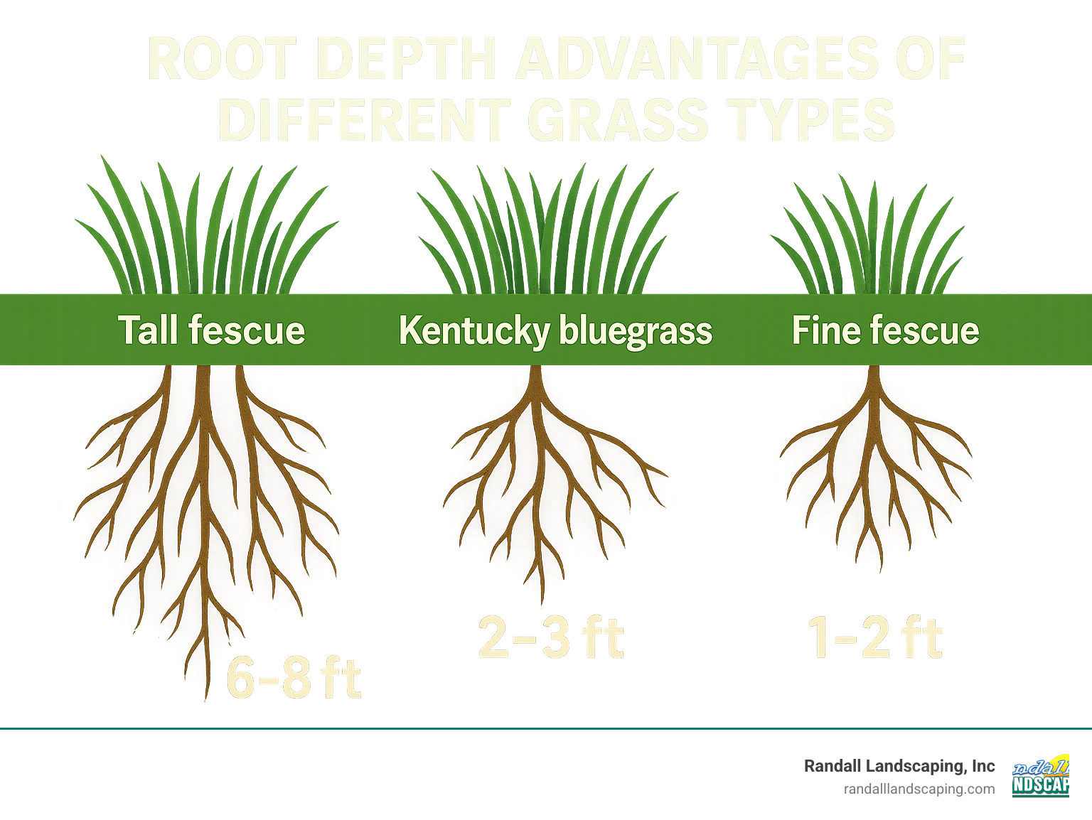 Infographic comparing root depth advantages of different grass types, showing tall fescue with deepest roots at 6-8 feet, Kentucky bluegrass at 2-3 feet, and fine fescue at 1-2 feet - lawn care methuen infographic