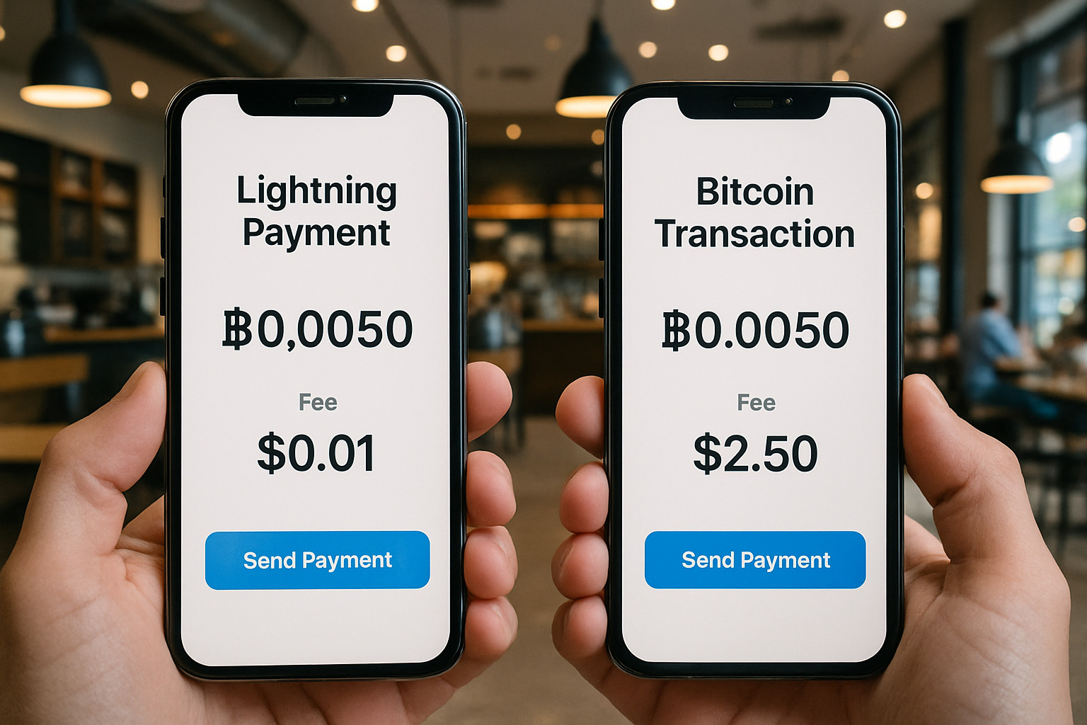 Lightning Network payment demonstration showing instant, low-cost Bitcoin transaction with fee of less than $0.01 compared to on-chain transaction fee of $2.50 - crypto transaction fees explained