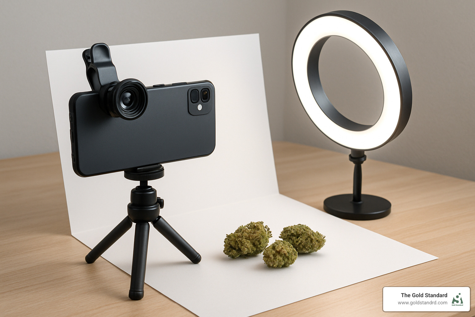 DIY weed photography setup with smartphone, clip-on macro lens, ring light, and white backdrop - weed photography