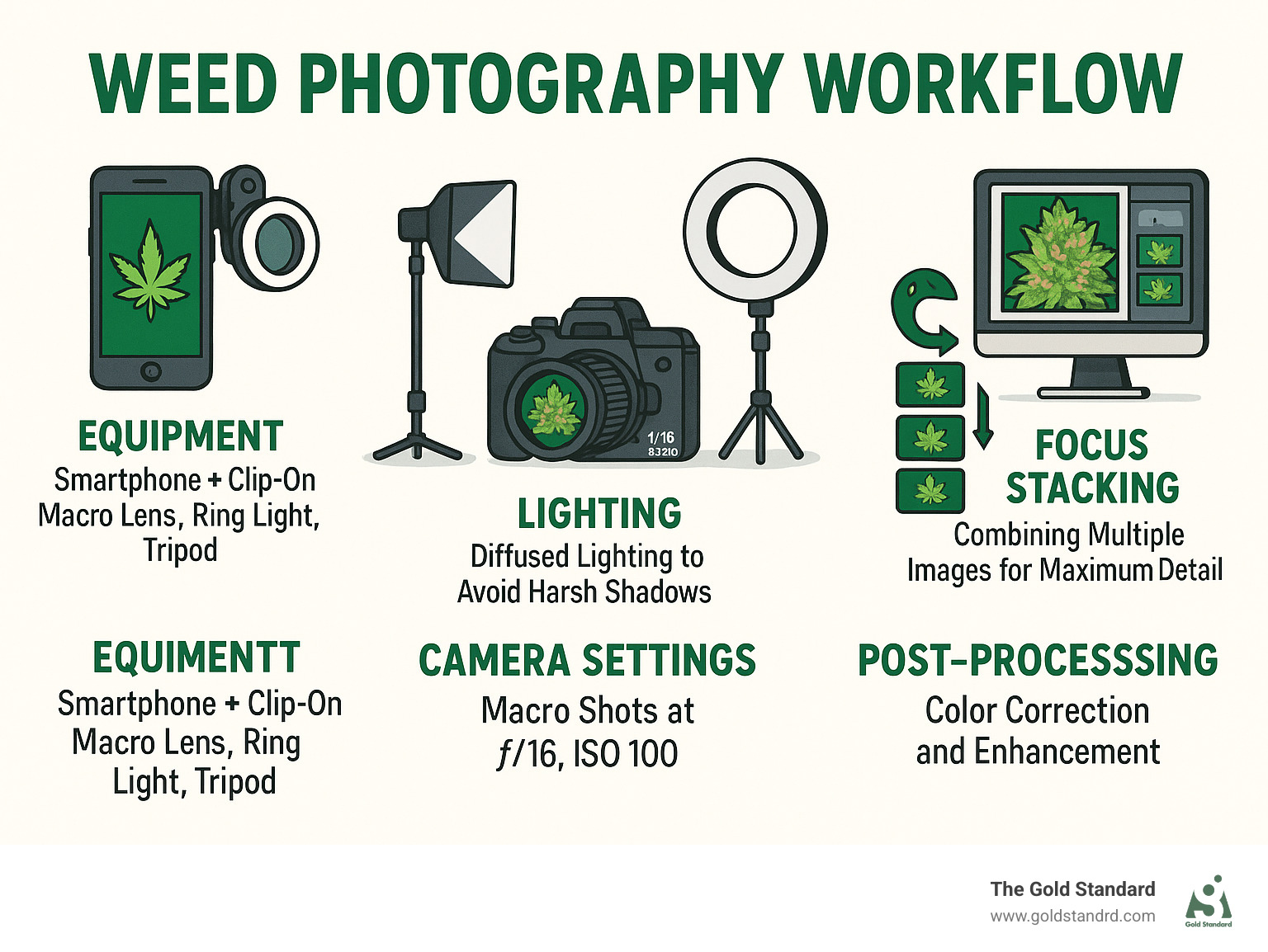 Comprehensive weed photography workflow infographic showing equipment setup from smartphone to DSLR, lighting techniques including ring lights and softboxes, camera settings for macro shots, focus stacking process, and post-processing steps for color correction and improvement - weed photography infographic 