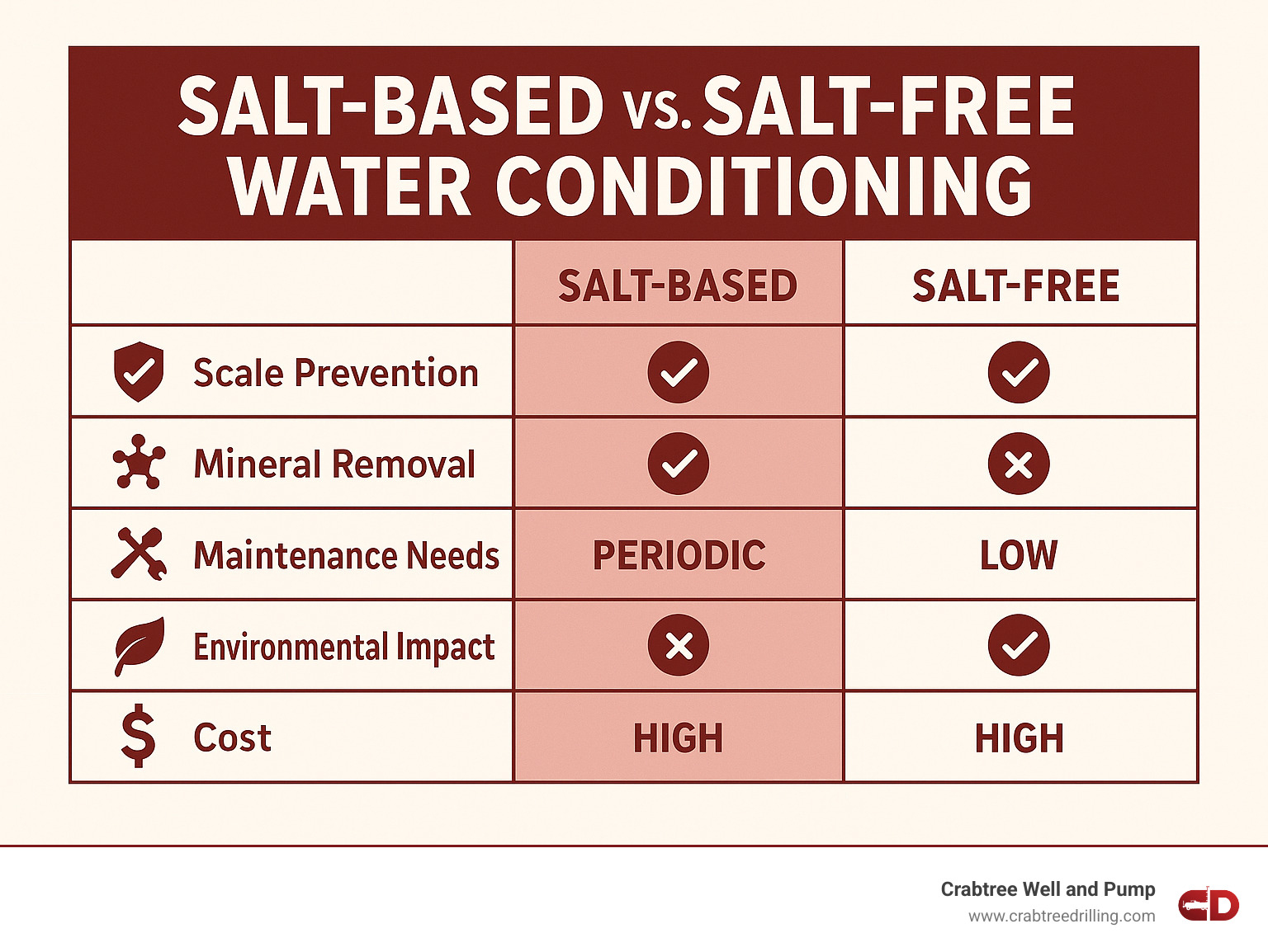 Comparison table showing salt-based vs salt-free water conditioning performance across factors like scale prevention, mineral removal, maintenance needs, environmental impact, and cost - water conditioning systems infographic 