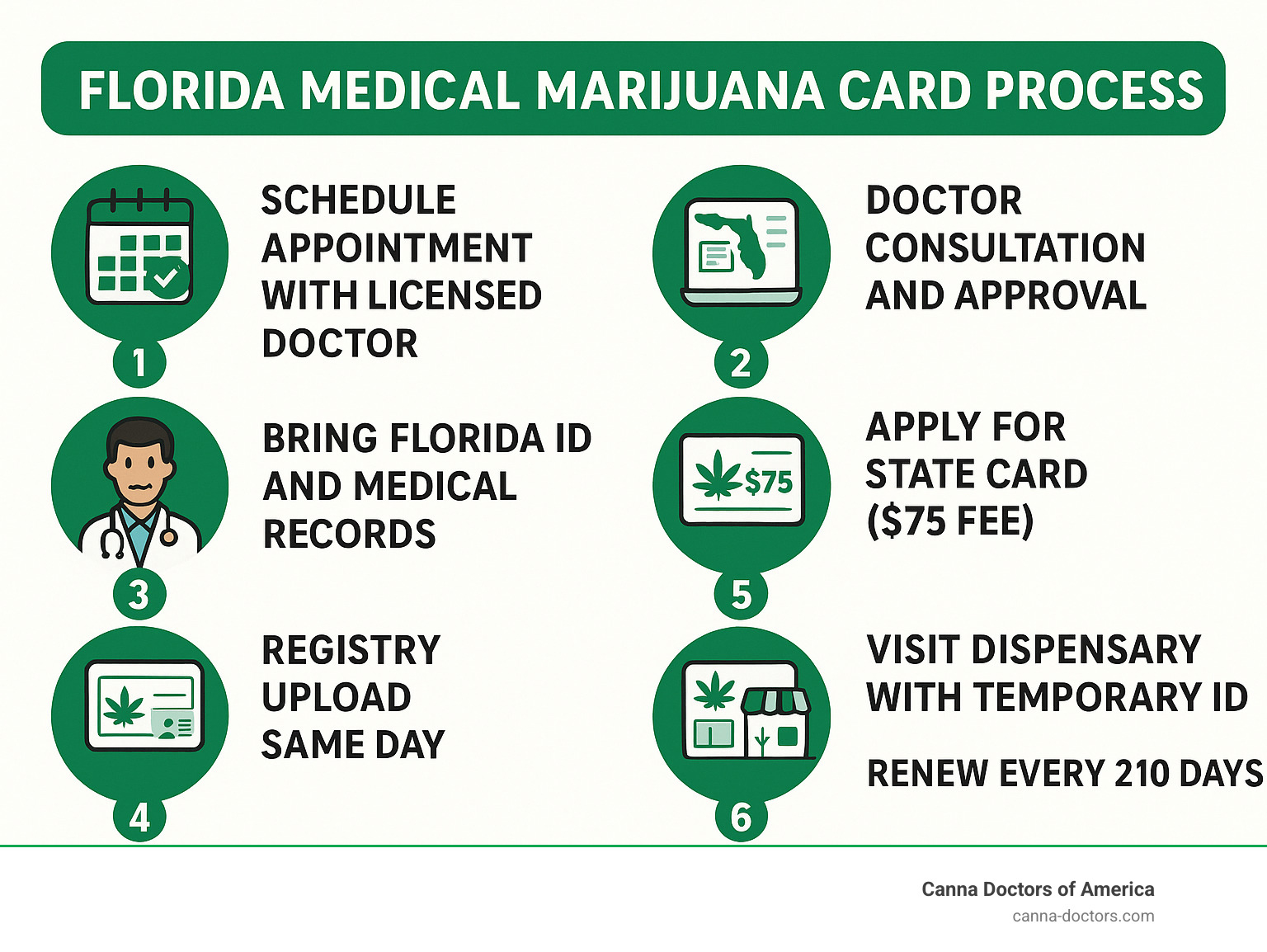 Infographic showing the Florida medical marijuana card process: 1) Schedule appointment with licensed doctor, 2) Bring Florida ID and medical records, 3) Doctor consultation and approval, 4) Registry upload same day, 5) Apply for state card ($75 fee), 6) Visit dispensary with temporary ID, 7) Renew every 210 days - medical marijuana doctor Clearwater infographic 