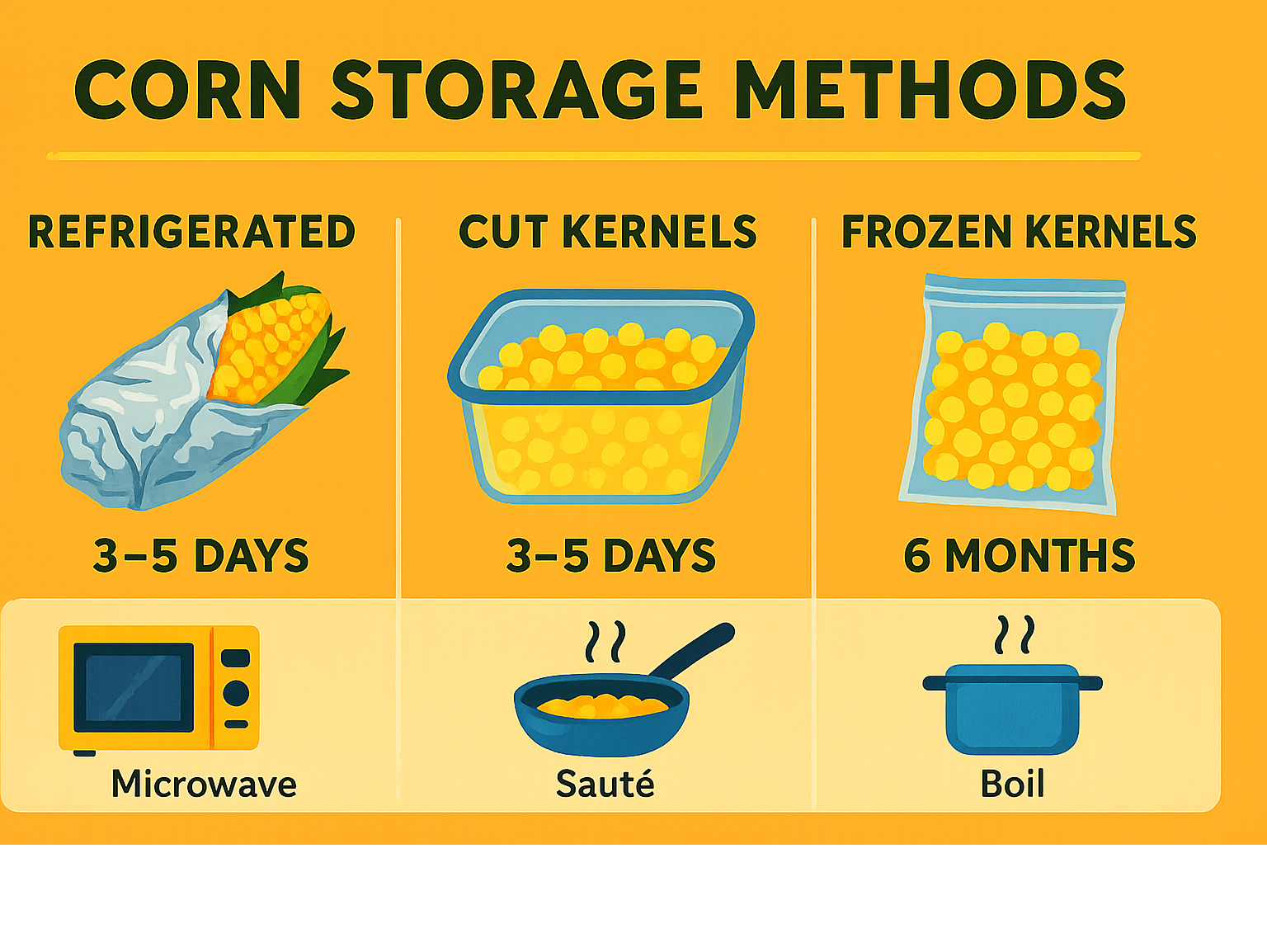 Infographic showing proper corn storage methods: refrigerated whole ears wrapped in foil last 3-5 days, cut kernels in containers last 3-5 days, frozen kernels in bags last 6 months, with reheating instructions for each method - how long to boil corn on the cob infographic 