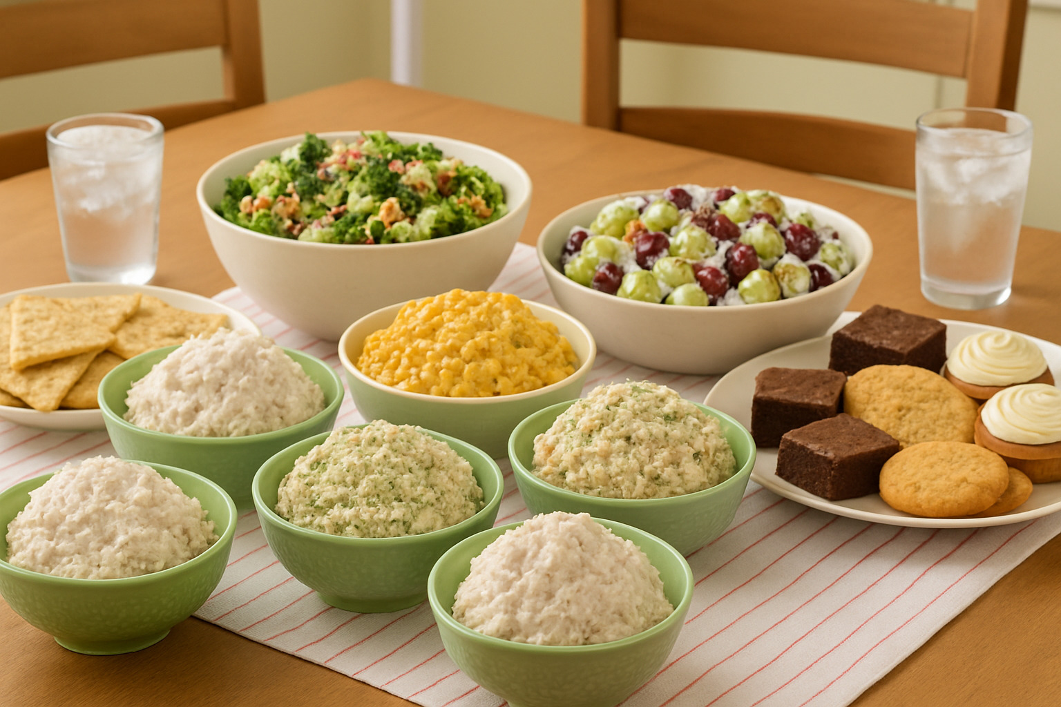 Catered spread showing variety of chicken salad flavors, sides, and desserts arranged for group dining - chicken salad chick