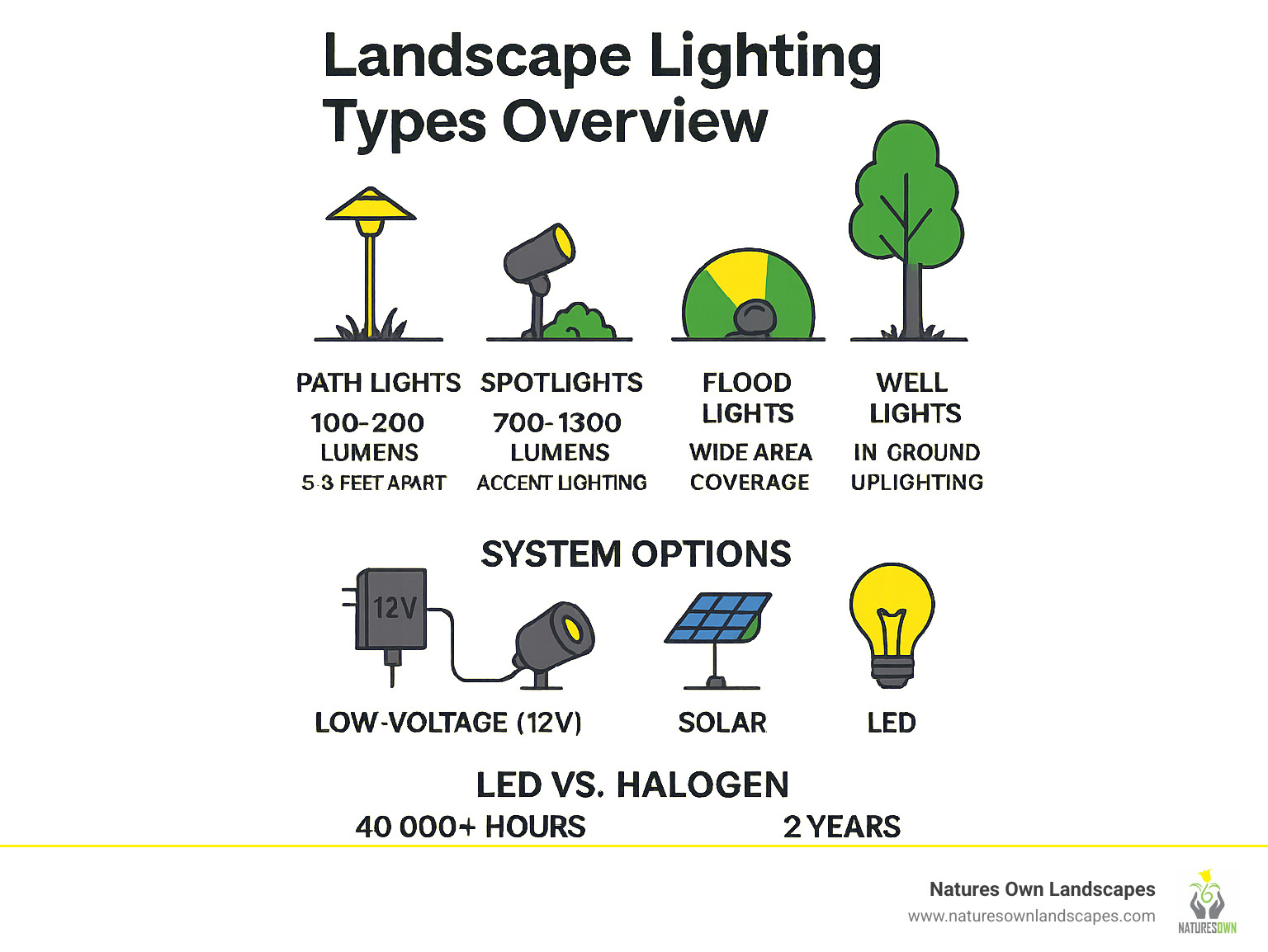 Comprehensive landscape lighting types overview showing path lights at 100-200 lumens spaced 5-8 feet apart, spotlights at 700-1300 lumens for accent features, flood lights for wide area coverage, well lights for in-ground uplighting, low-voltage 12V systems versus solar options, and LED fixtures lasting 40000+ hours compared to 2-year halogen lifespan - landscape lighting infographic 