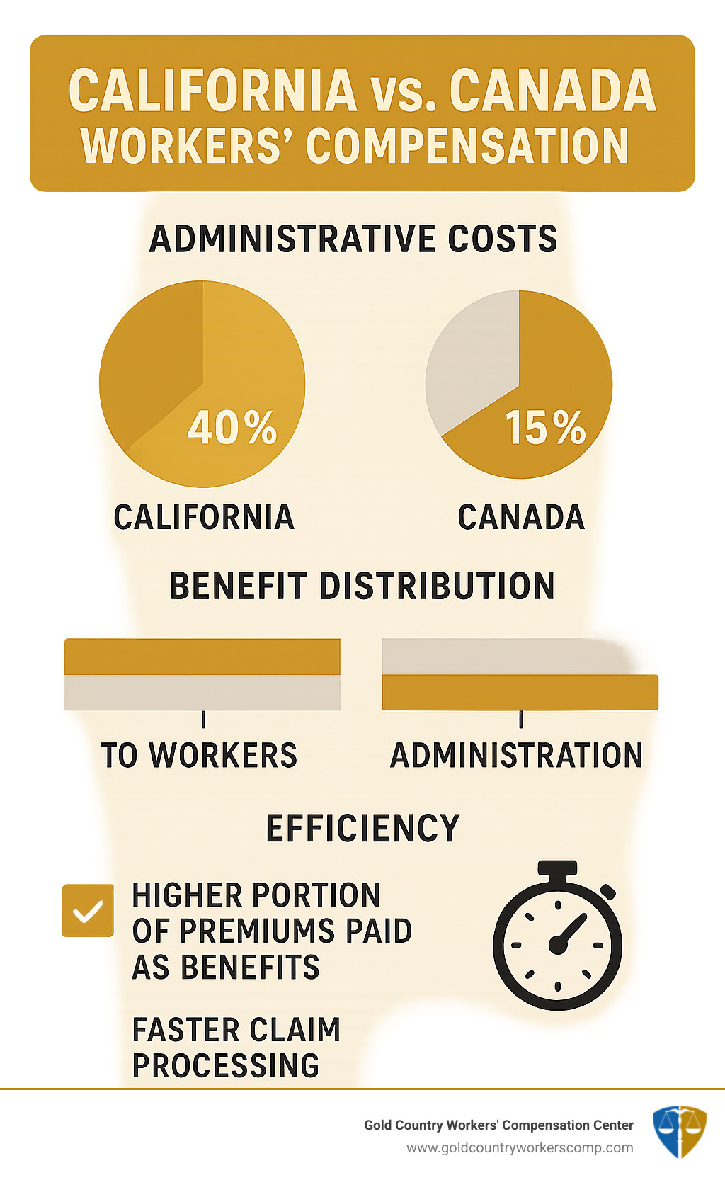 Infographic comparing California vs Canada workers compensation systems showing administrative costs 40% vs 15%, benefit distribution, and efficiency metrics - workers' compensation california infographic 