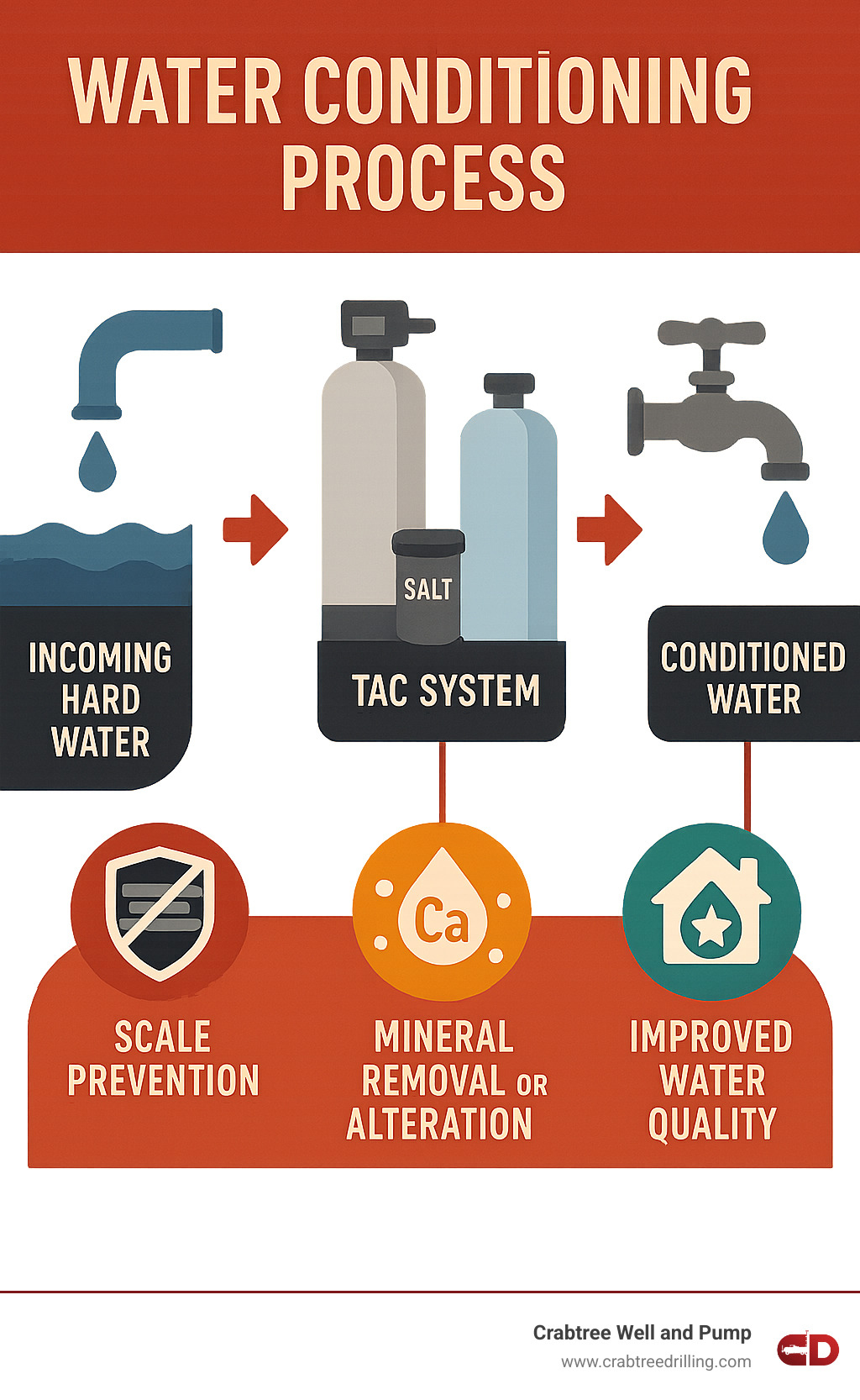 Infographic showing the water conditioning process from incoming hard water through different treatment technologies to conditioned water at the tap, with icons representing scale prevention, mineral removal or alteration, and improved water quality for household use - water conditioning systems infographic 