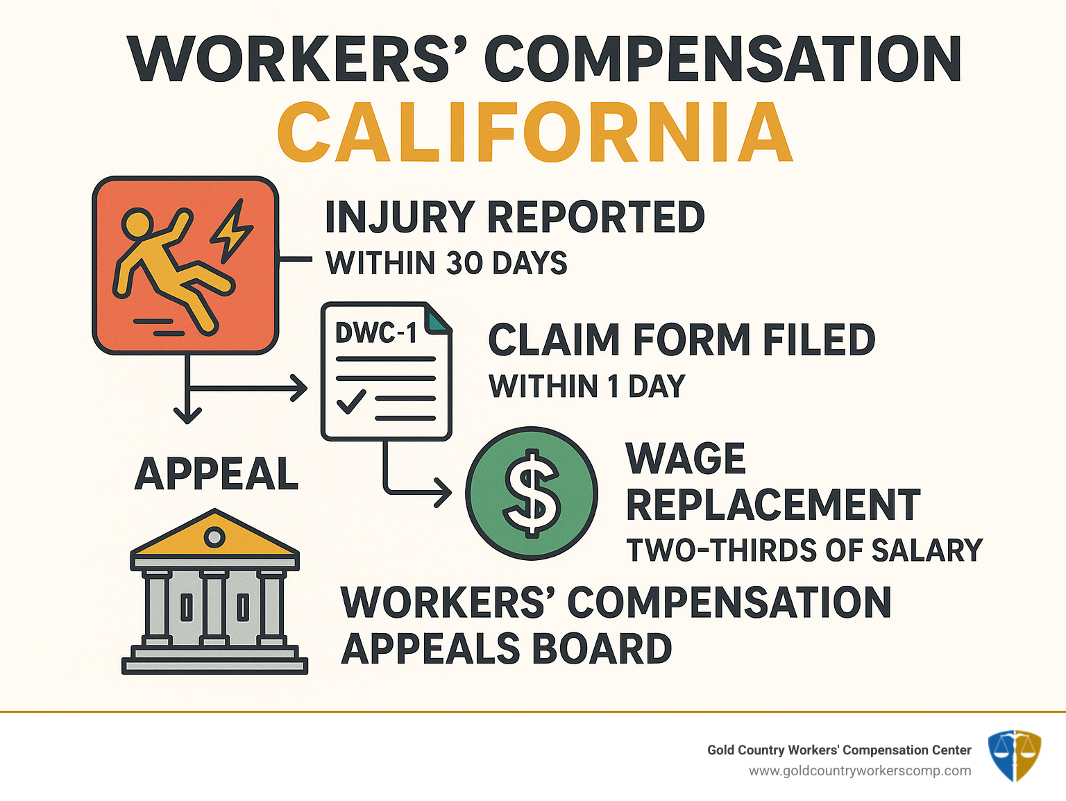 Infographic showing California workers compensation process flow from injury report through benefit payments, including 30-day reporting deadline, DWC-1 claim form filing, medical treatment authorization within 1 day, wage replacement at two-thirds of salary, and appeal options through Workers Compensation Appeals Board - workers' compensation california infographic 