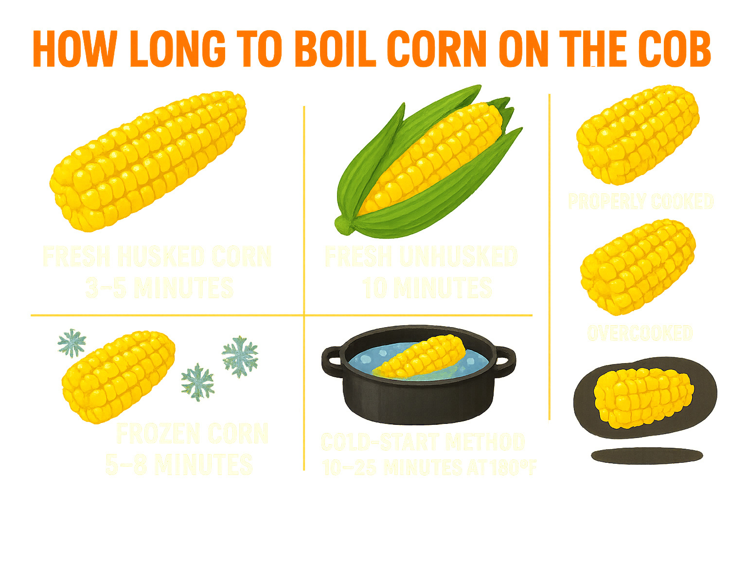Detailed infographic showing corn boiling times: fresh husked corn 3-5 minutes, fresh unhusked corn 10 minutes, frozen corn 5-8 minutes, cold-start method 10-25 minutes at 180°F, with visual indicators of properly cooked bright yellow kernels versus overcooked shriveled kernels - how long to boil corn on the cob infographic 