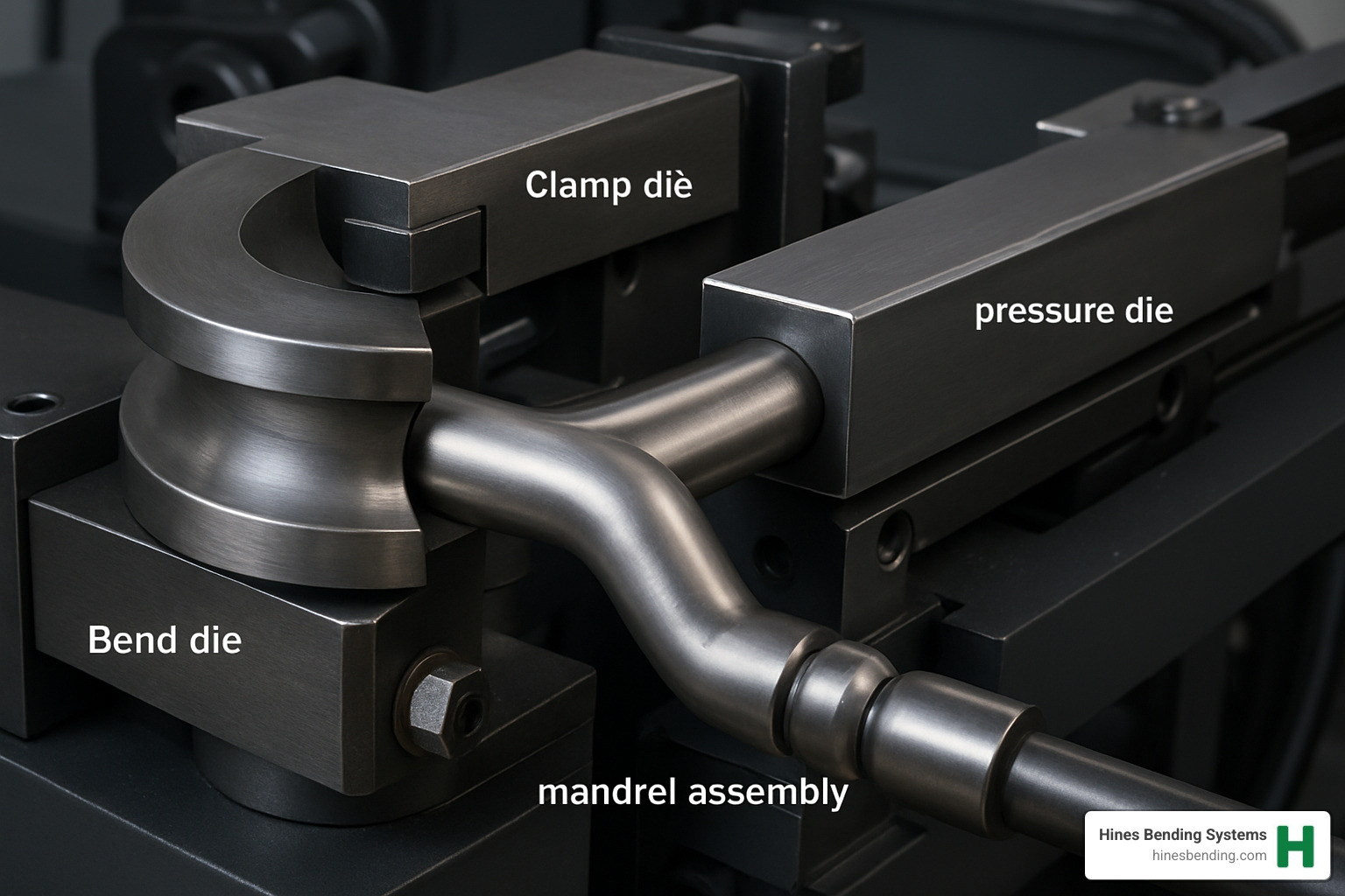 pipe bending die set components including bend die, clamp die, pressure die, and mandrel assembly - pipe bending machines
