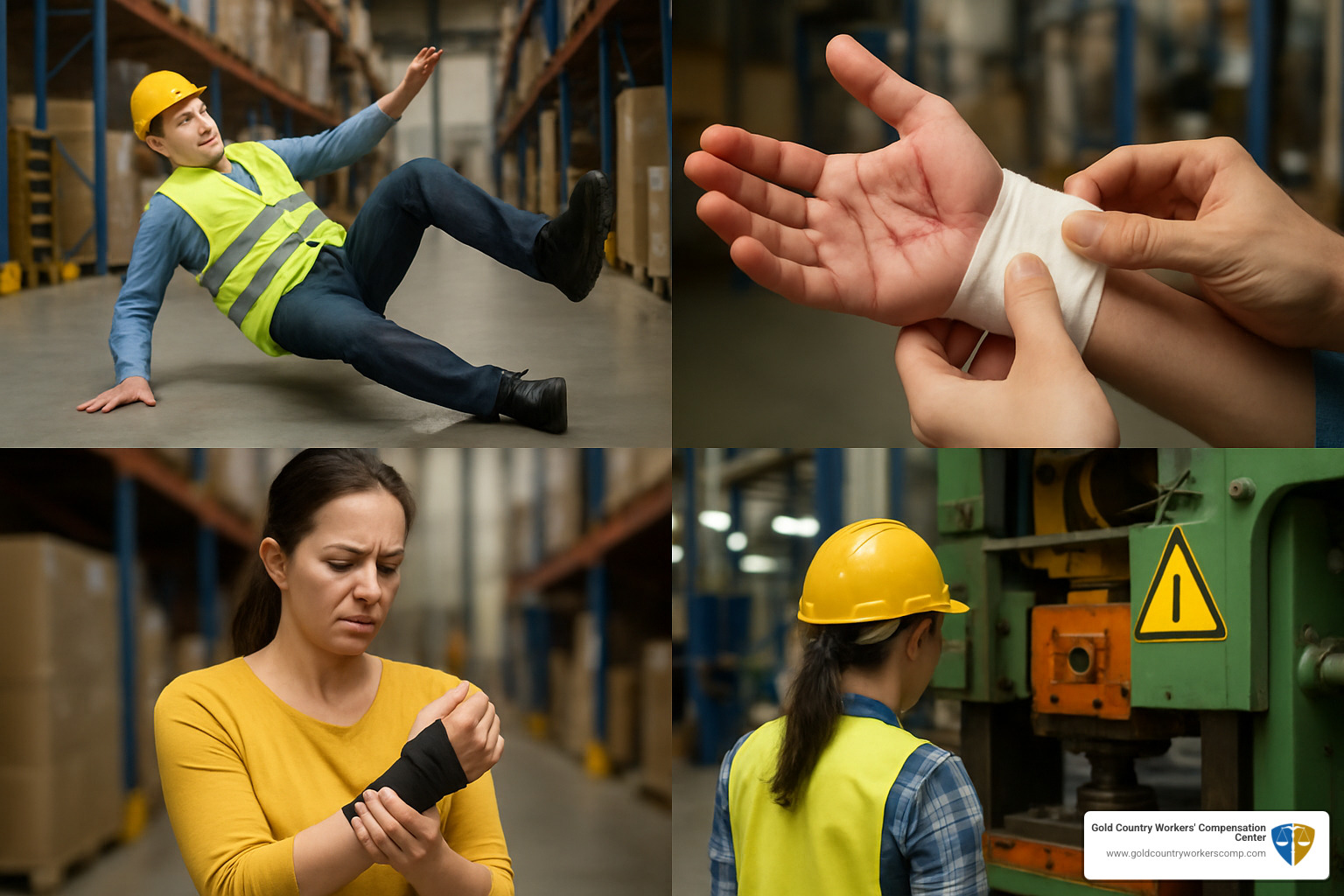 common workplace injuries including falls, cuts, repetitive strain, and machinery accidents - workers' compensation california