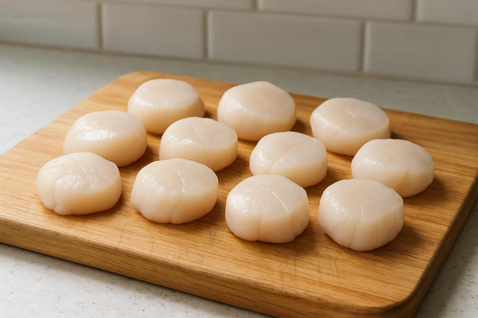 Properly thawed scallops on a clean cutting board with side muscles removed, showing ideal color and texture - scallops