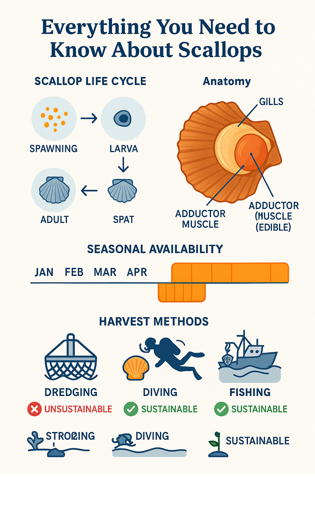 Detailed infographic showing scallop lifecycle from spawning through larval stages to adult harvest, including anatomy diagram highlighting the edible adductor muscle, seasonal availability chart, and sustainability indicators for different harvest methods - scallops infographic 