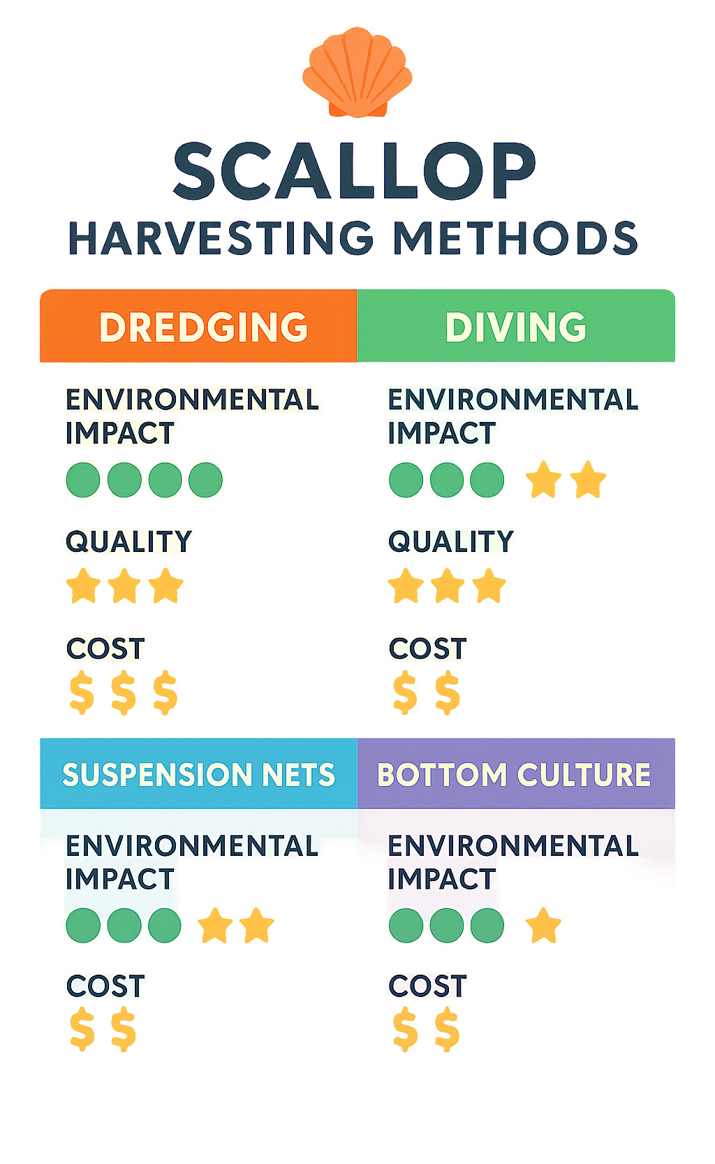 Comparison chart showing different scallop harvesting methods with environmental impact ratings, quality scores, and cost factors - scallops infographic 