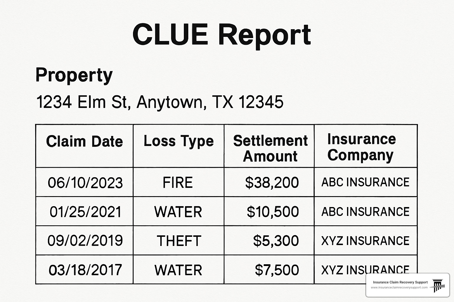 Sample CLUE report showing property address, claim dates, loss types, settlement amounts, and insurance company information spanning seven years of history - Historical property insurance claims