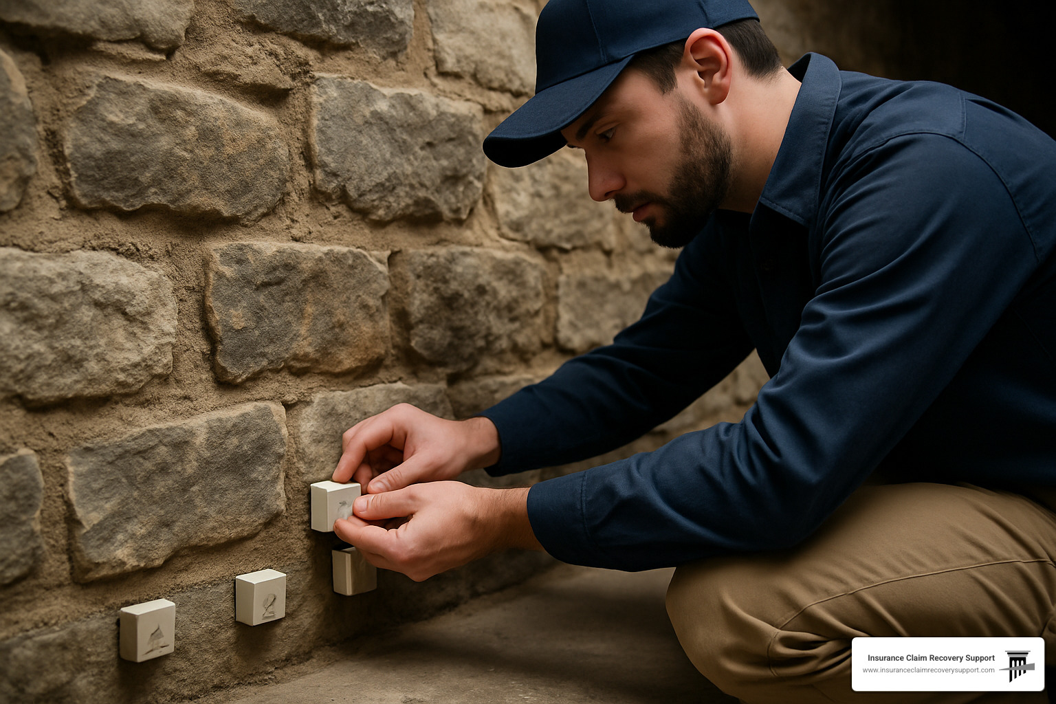 Installation of discrete moisture monitoring sensors in historic basement to prevent water damage while preserving original stone foundation walls - Historical property insurance claims