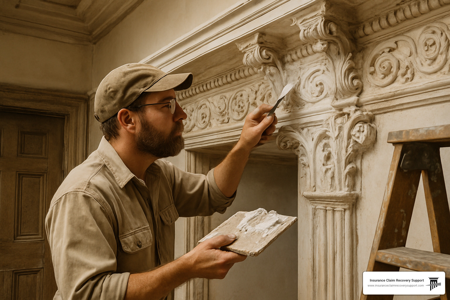 Artisan carefully restoring hand-carved plaster molding using traditional lime-based materials and period-appropriate techniques - Historical property insurance claims