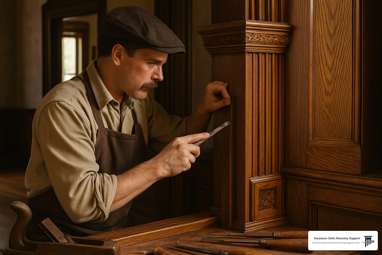 Craftsman carefully restoring 1920s hand-carved woodwork using traditional joinery techniques and period-appropriate finishes - Historical property insurance claims