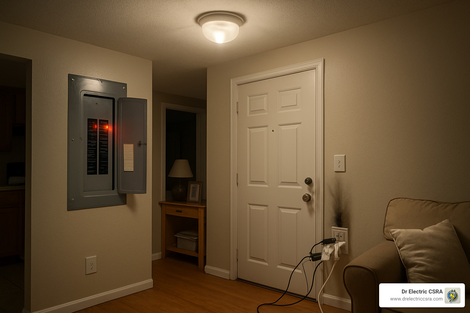 Residential electrical panel with illuminated circuit breakers, entryway setting, visible door and lamp, highlighting safety and electrical maintenance.