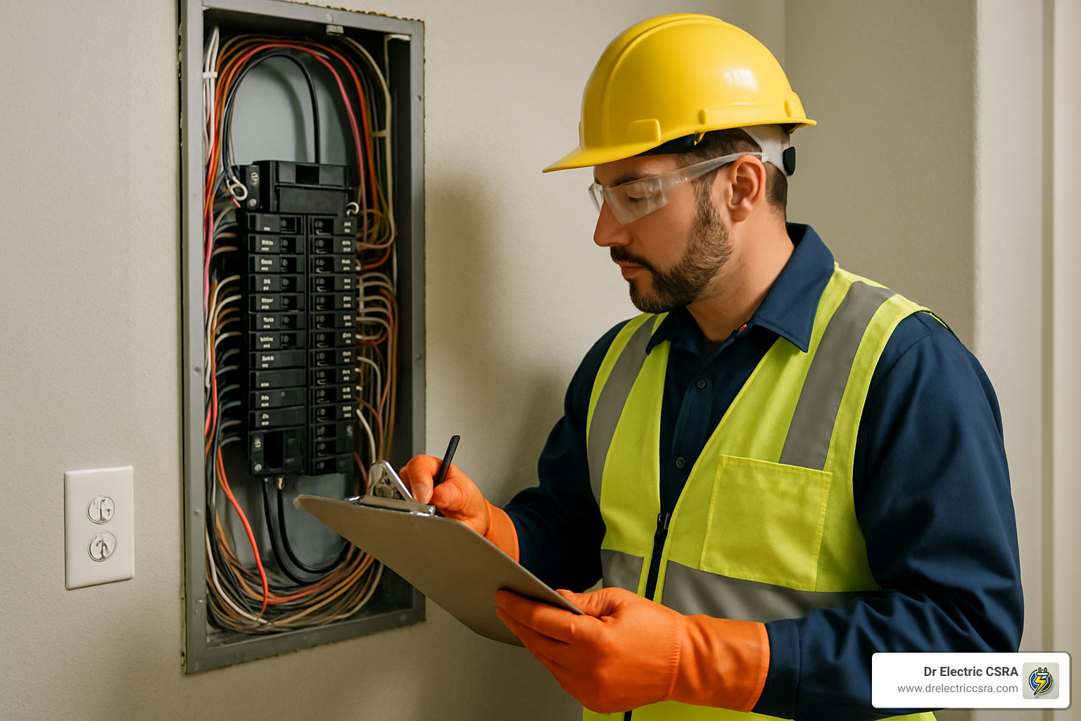 Electrician inspecting a residential electrical panel, wearing safety gear and taking notes for maintenance and safety compliance.