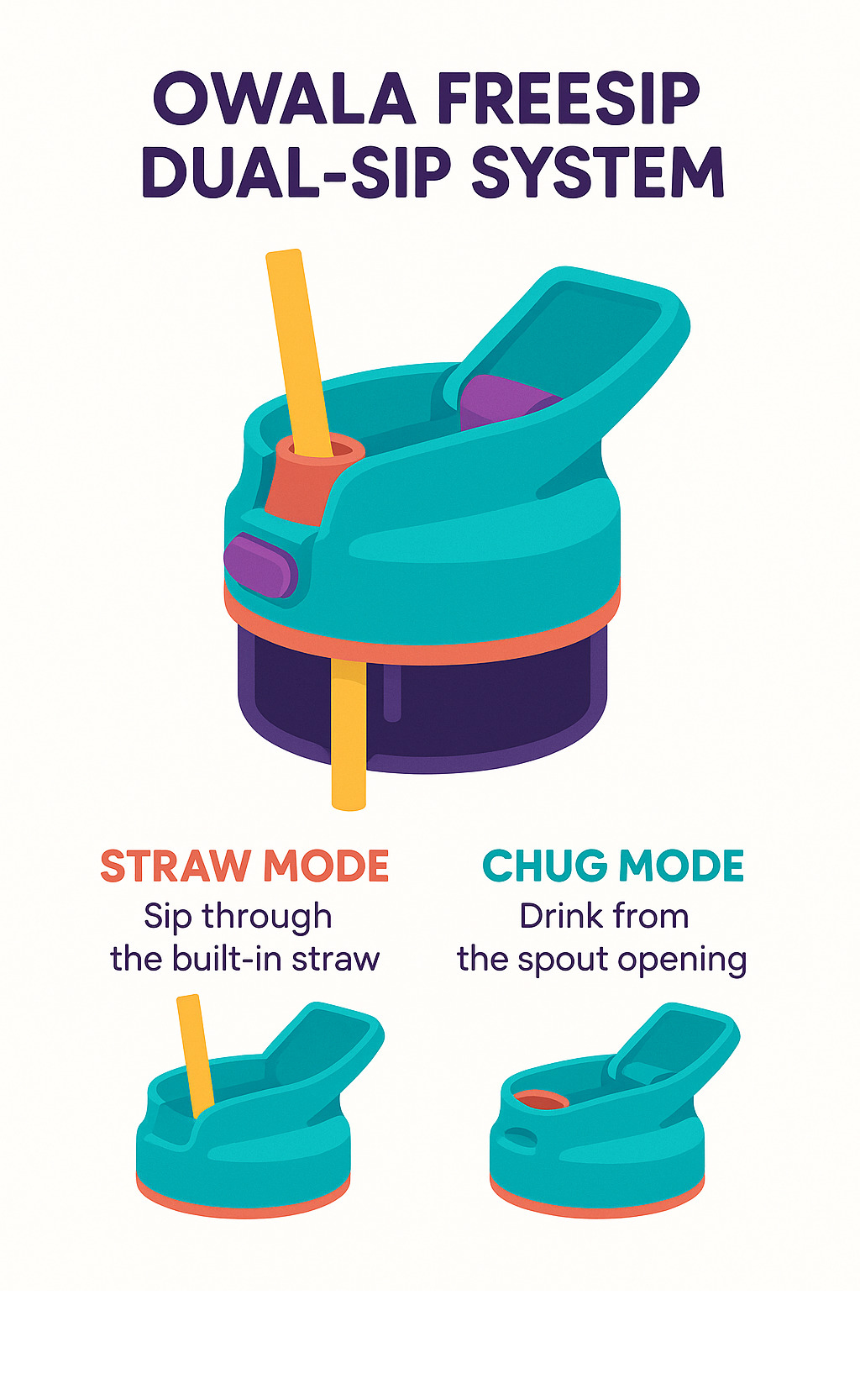 Detailed breakdown of Owala FreeSip dual-sip system showing straw mode and chug mode functionality with cross-section view of lid mechanism - owala infographic