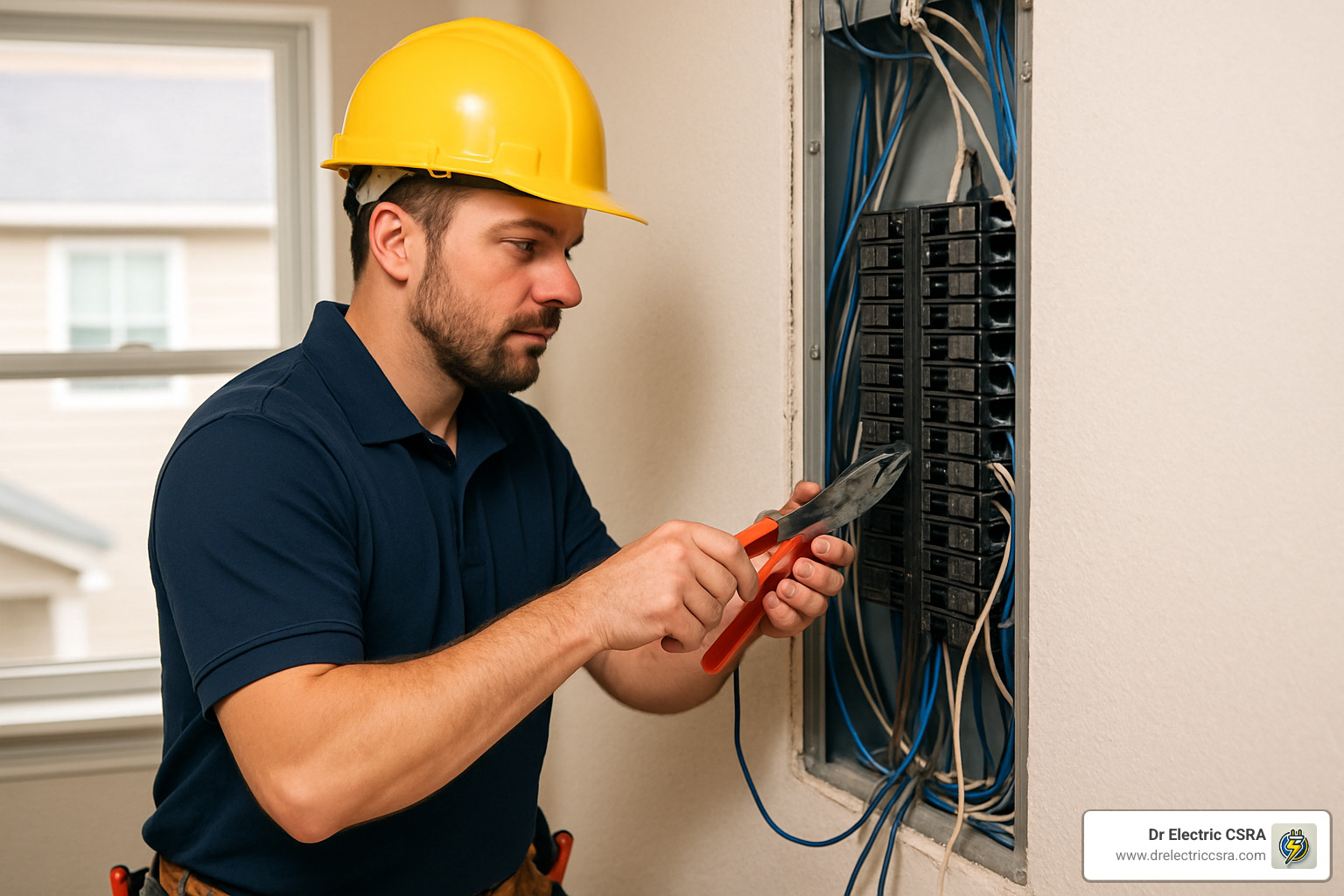 Electrician working on residential electrical panel with pliers, ensuring safety and compliance.