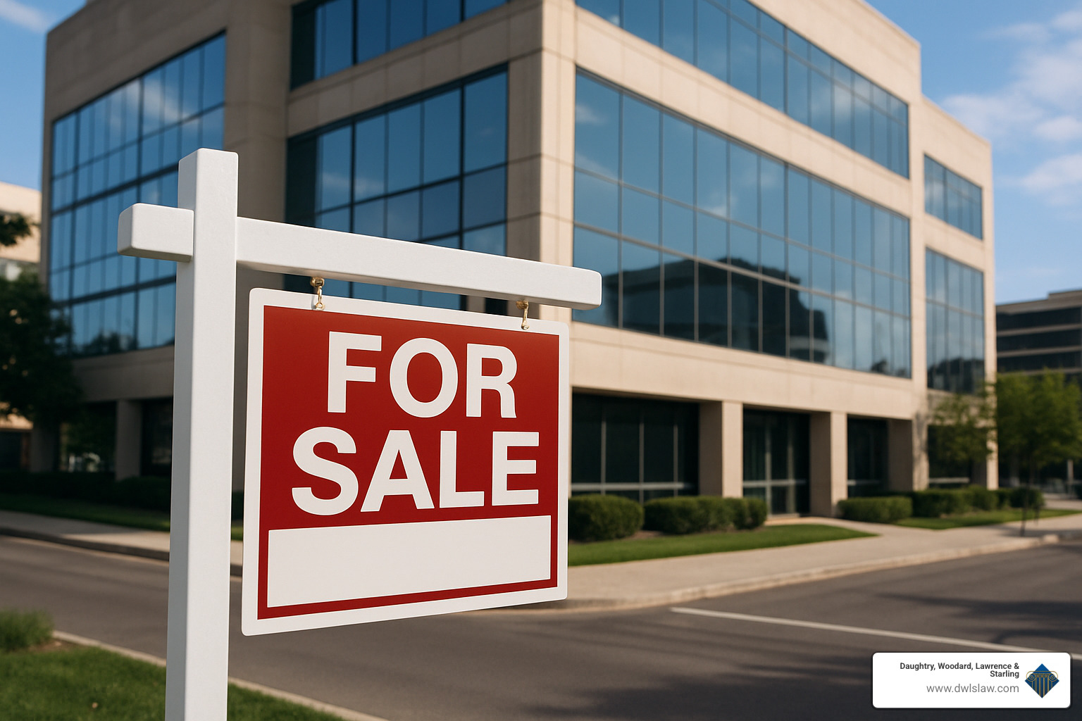 For Sale sign in front of office building - divorce with business ownership