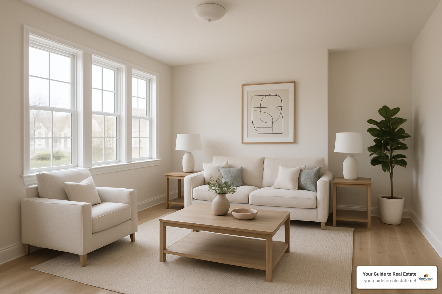 Staged living room with neutral colors and minimal furniture - quick home sale tips