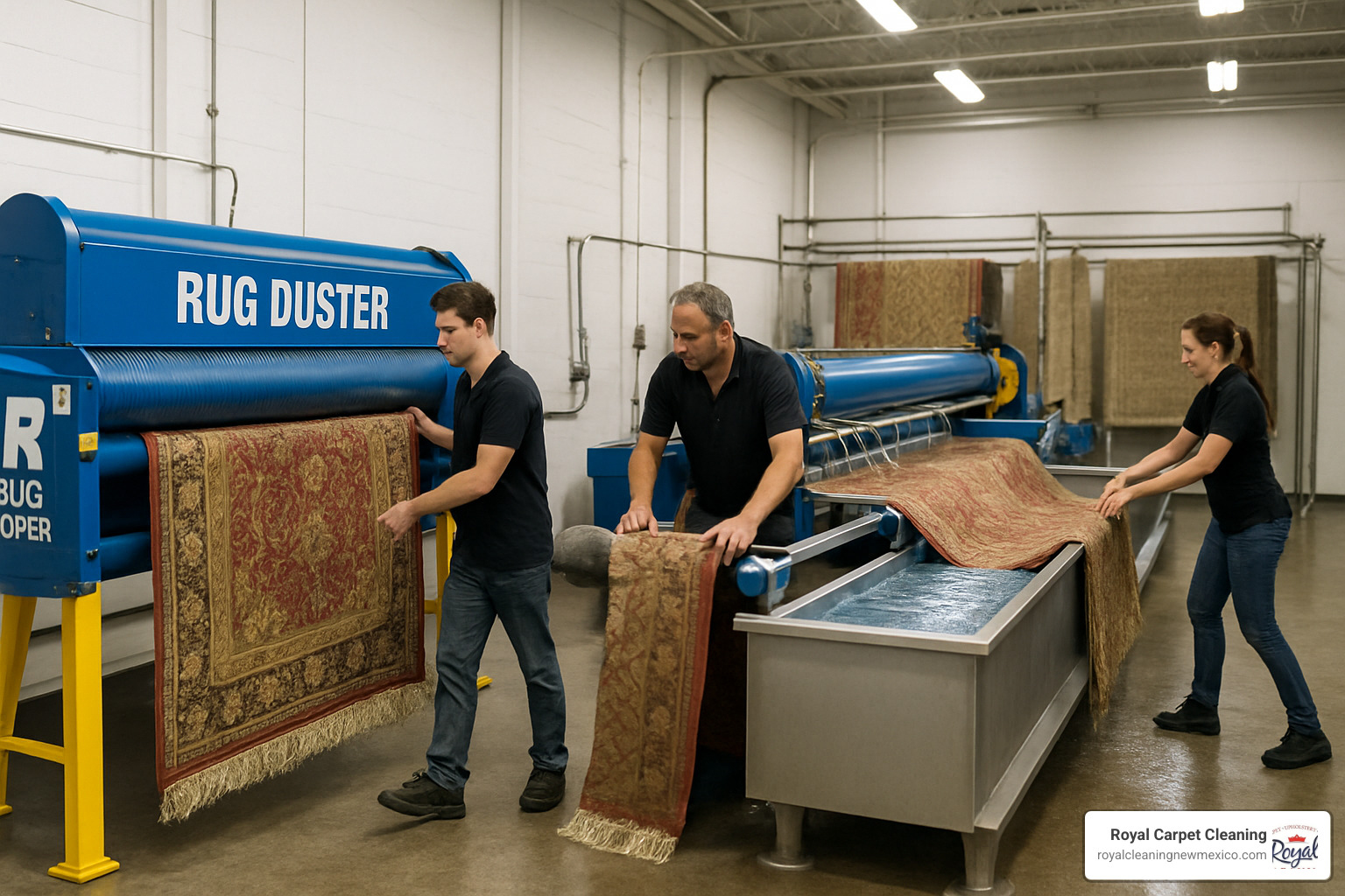 Professional rug cleaning facility equipment including dusting machines and immersion washing systems - drop off area rug cleaning services near me